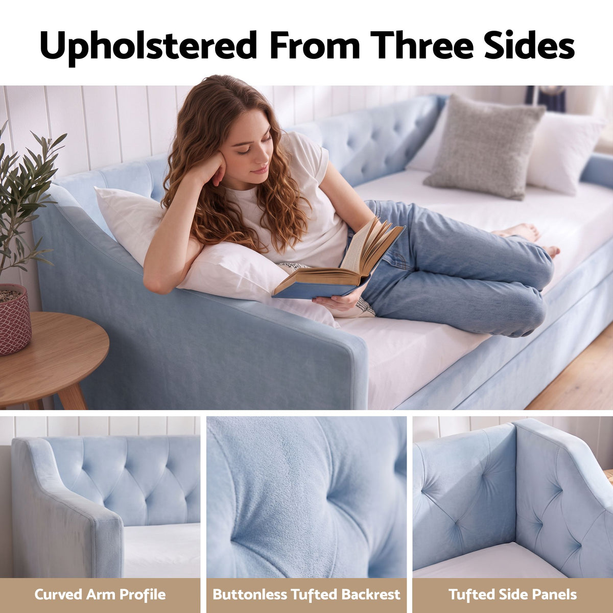 Artiss King Single Buttonless Tufted Daybed with Pull-Out Trundle, Light Blue - Homecoze