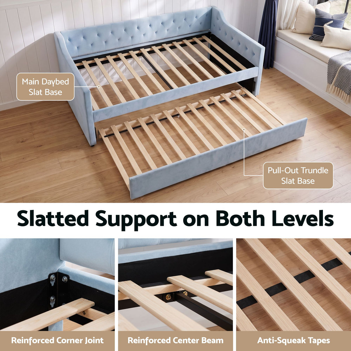 Artiss King Single Buttonless Tufted Daybed with Pull-Out Trundle, Light Blue - Homecoze
