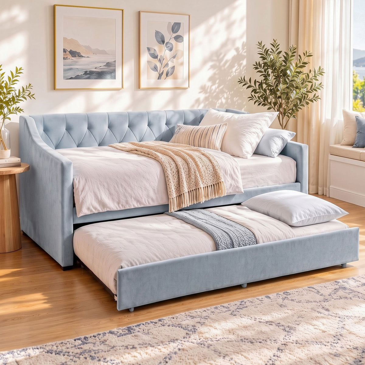 Artiss Single Buttonless Tufted Daybed Frame & Trundle, Blue - Homecoze