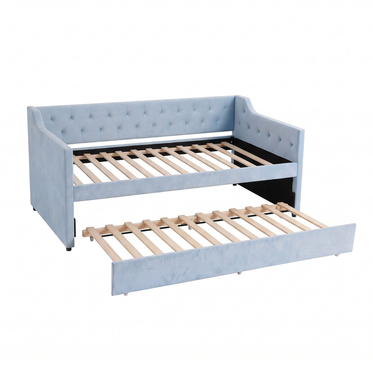 Artiss Single Buttonless Tufted Daybed Frame & Trundle, Blue - Homecoze
