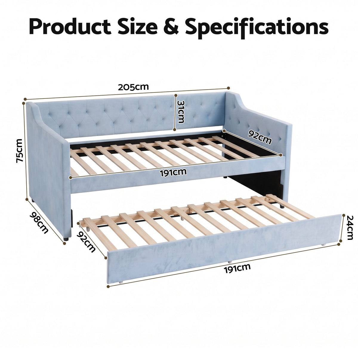 Artiss Single Buttonless Tufted Daybed Frame & Trundle, Blue - Homecoze
