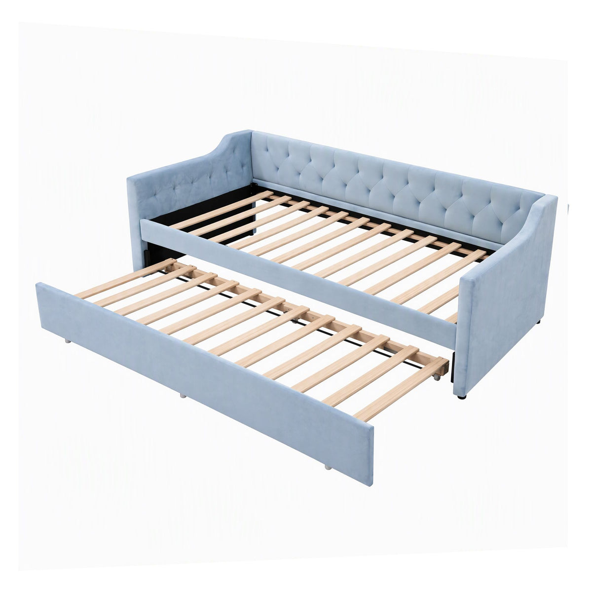 Artiss Single Buttonless Tufted Daybed Frame & Trundle, Blue - Homecoze