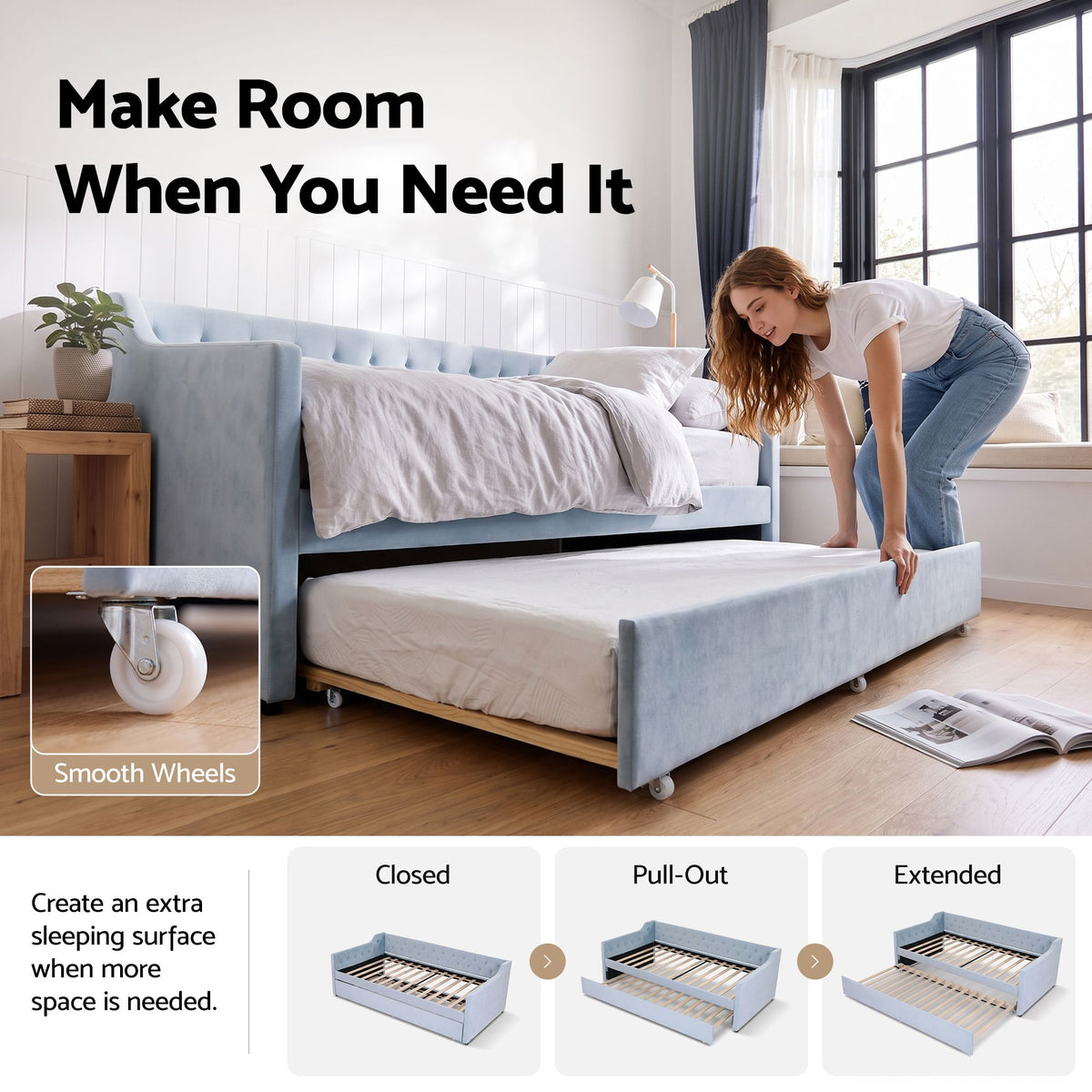 Artiss Single Buttonless Tufted Daybed Frame & Trundle, Blue - Homecoze