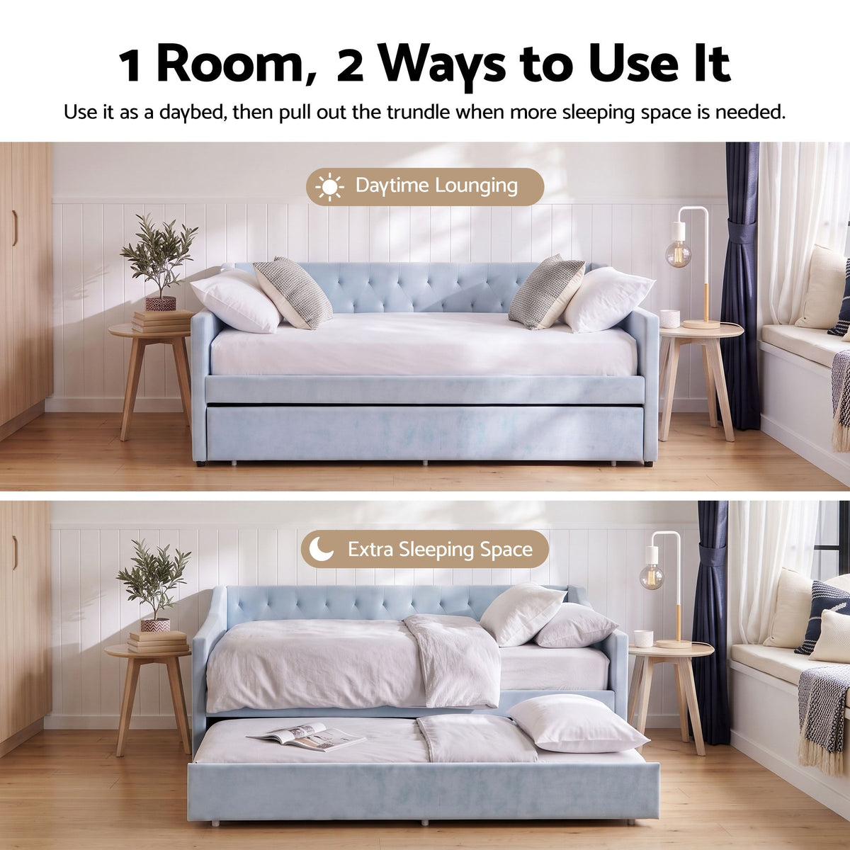 Artiss Single Buttonless Tufted Daybed Frame & Trundle, Blue - Homecoze