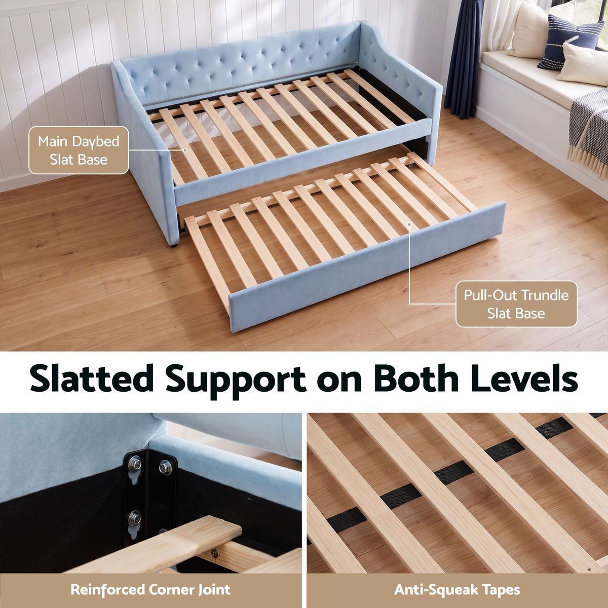 Artiss Single Buttonless Tufted Daybed Frame & Trundle, Blue - Homecoze