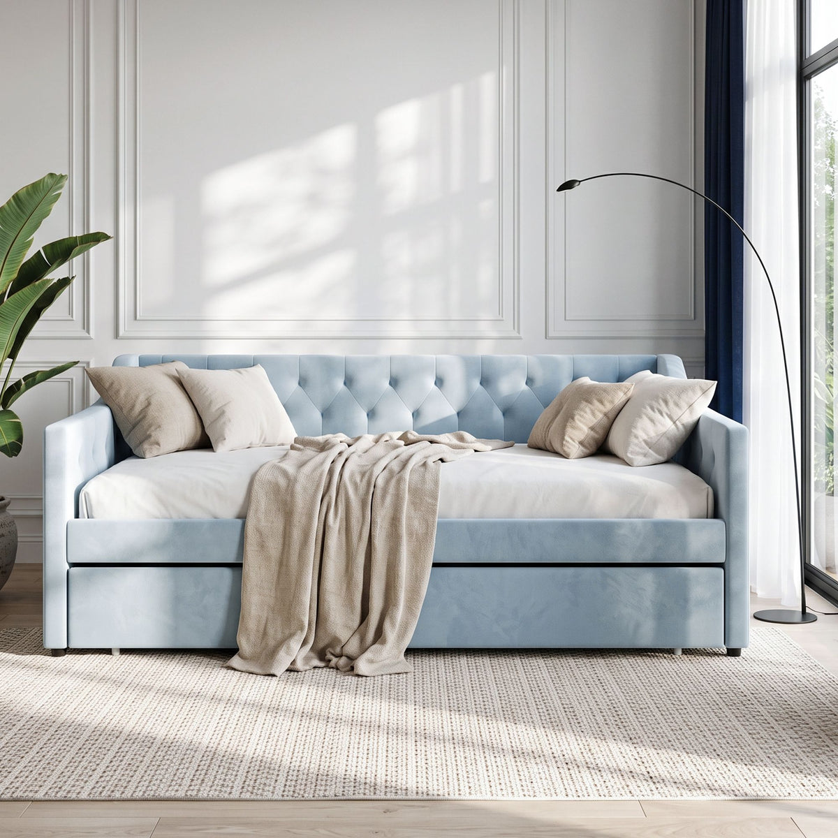 Artiss Single Buttonless Tufted Daybed Frame & Trundle, Blue - Homecoze