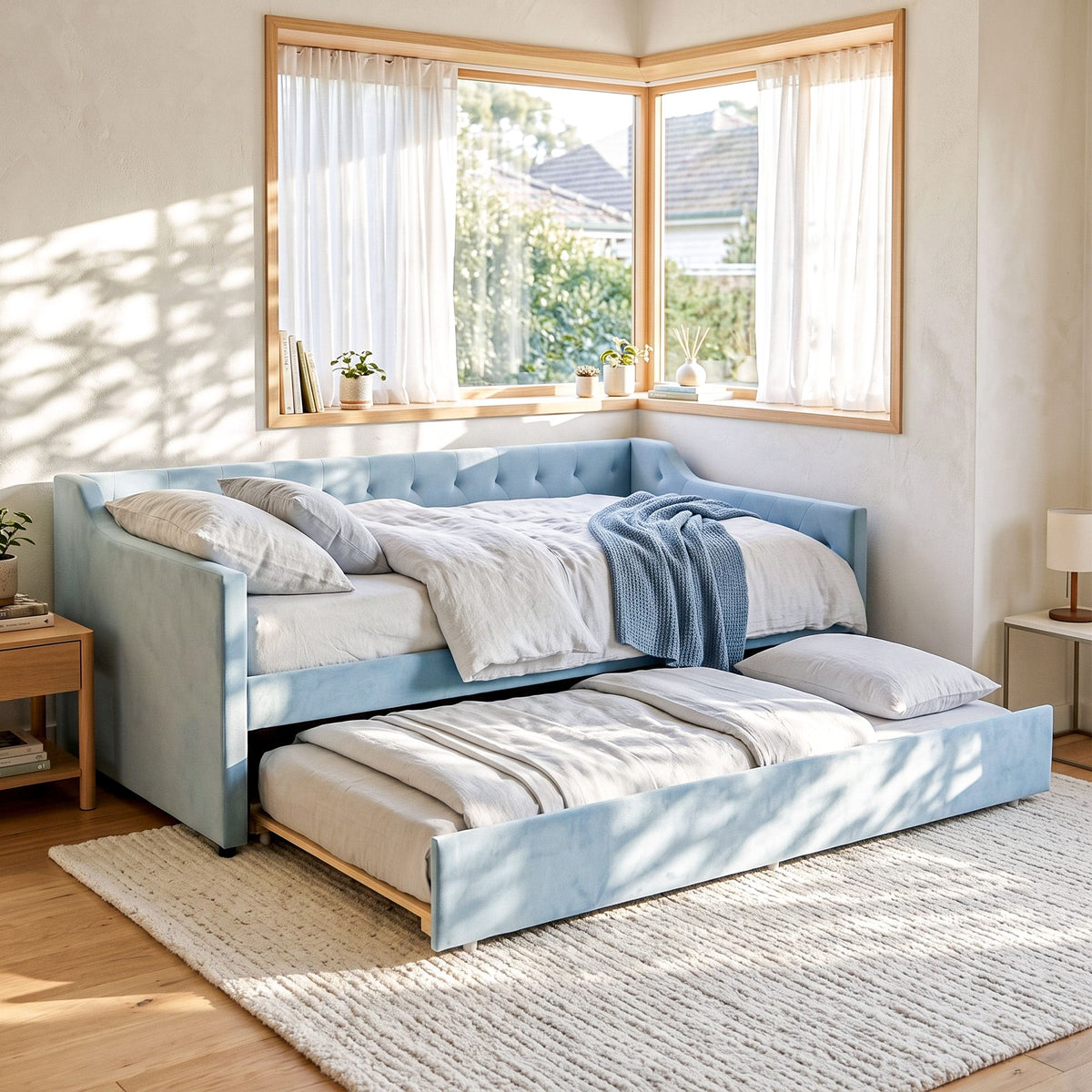 Artiss Single Buttonless Tufted Daybed Frame & Trundle, Blue - Homecoze