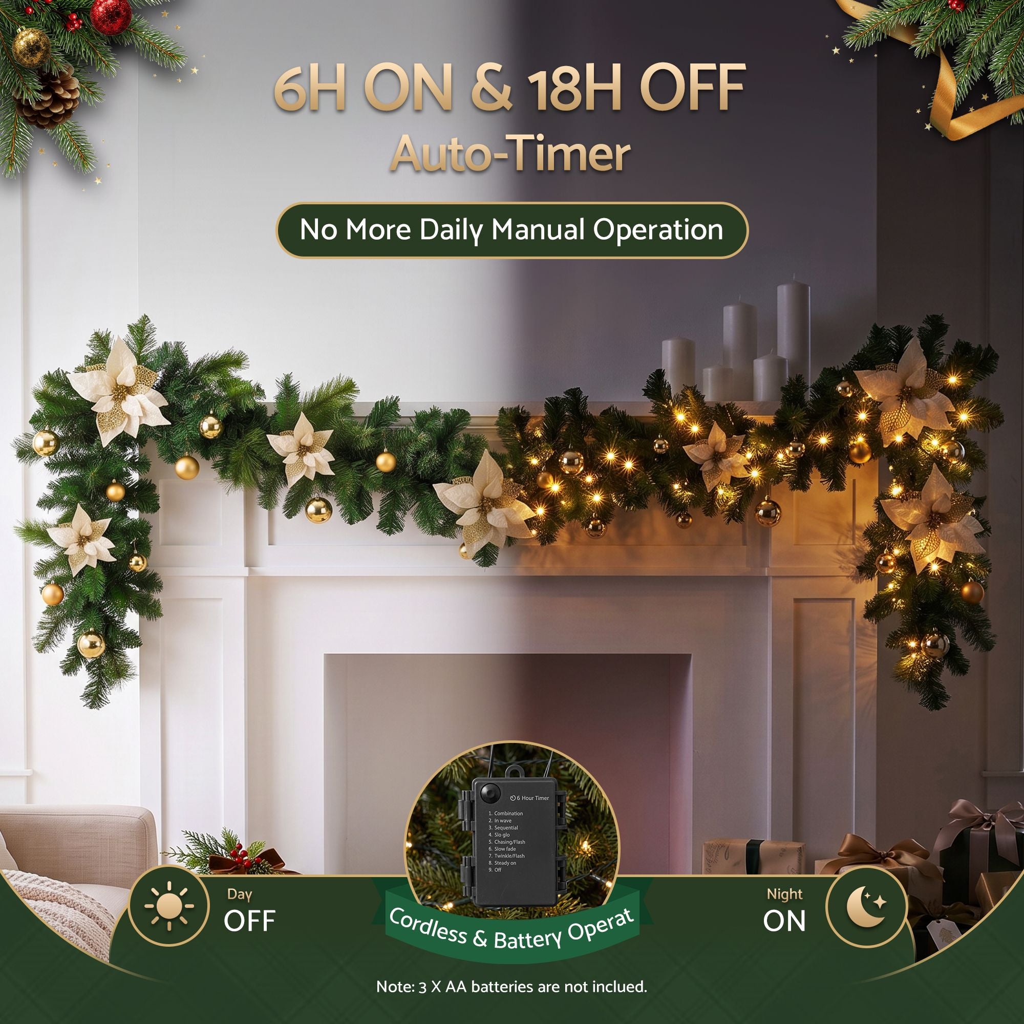 9FT (2.7m) Pre-lit LED Decorated Christmas Garland