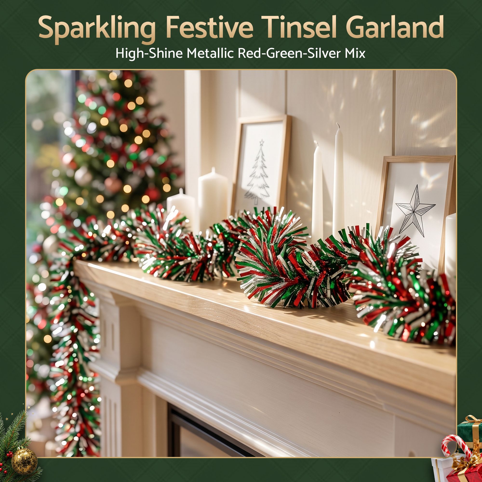 20m Christmas Tinsel Garland - Red, Green & Silver