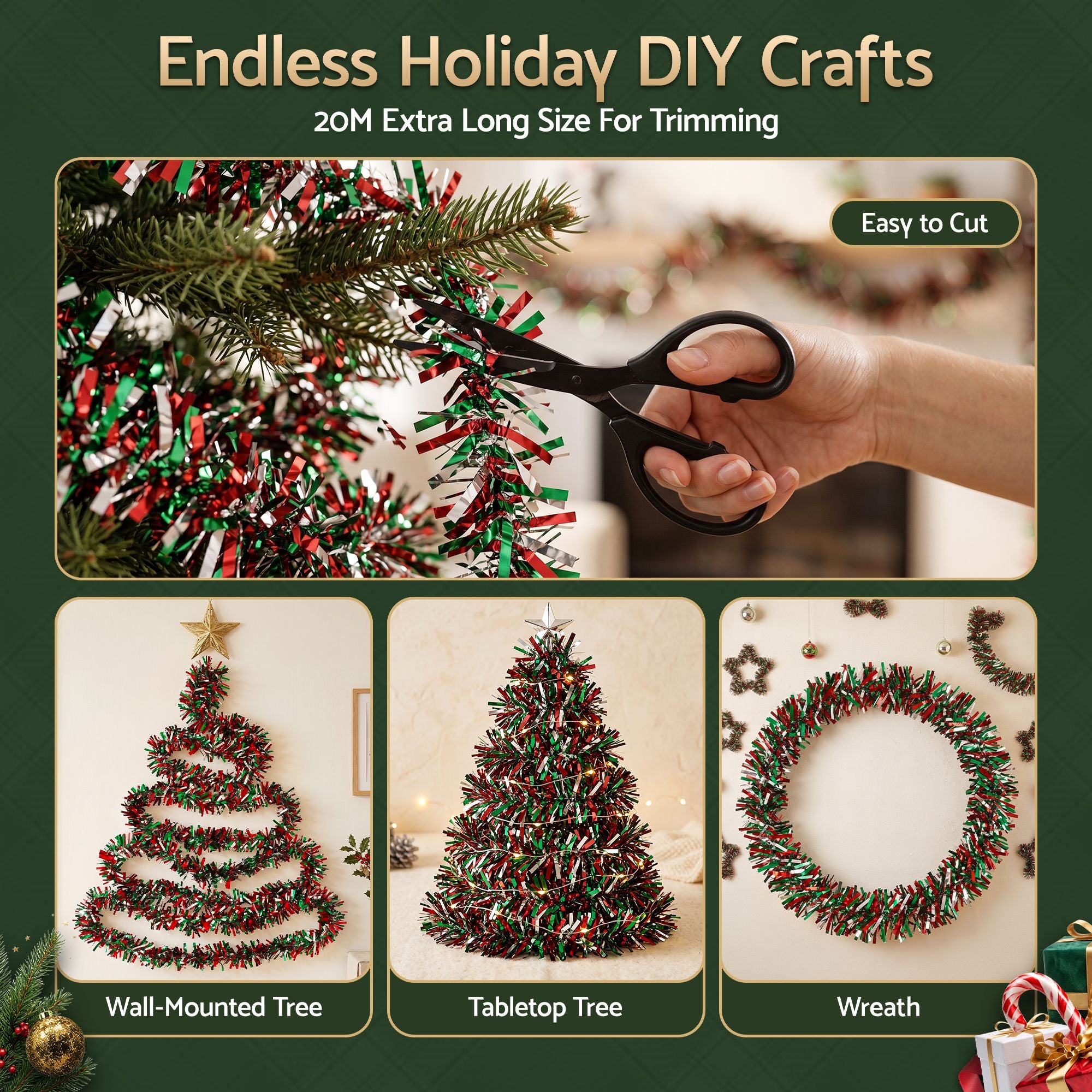 20m Christmas Tinsel Garland - Red, Green & Silver