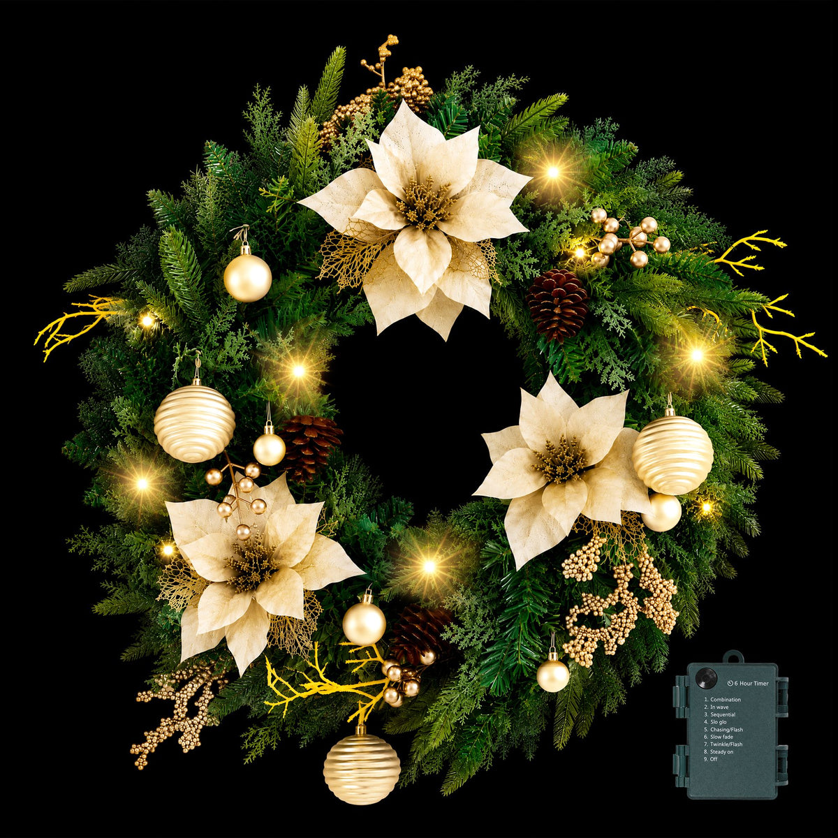 60cm Pre-lit LED Gold Poinsettia Christmas Wreath