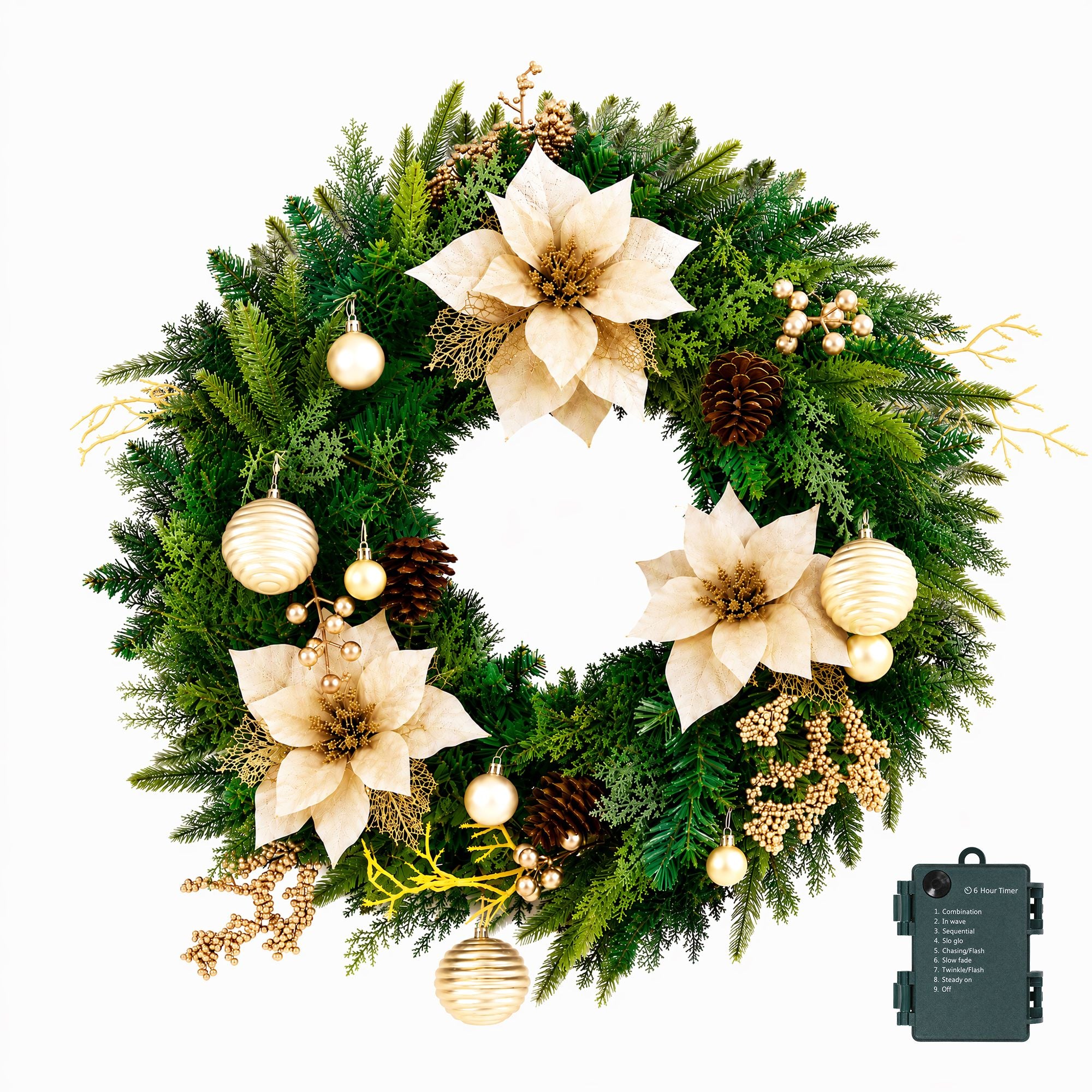 60cm Pre-lit LED Gold Poinsettia Christmas Wreath