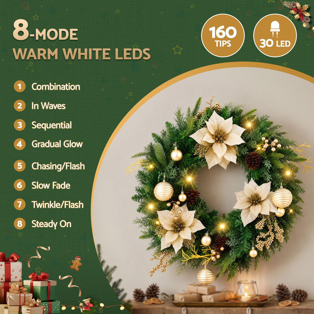 60cm Pre-lit LED Gold Poinsettia Christmas Wreath