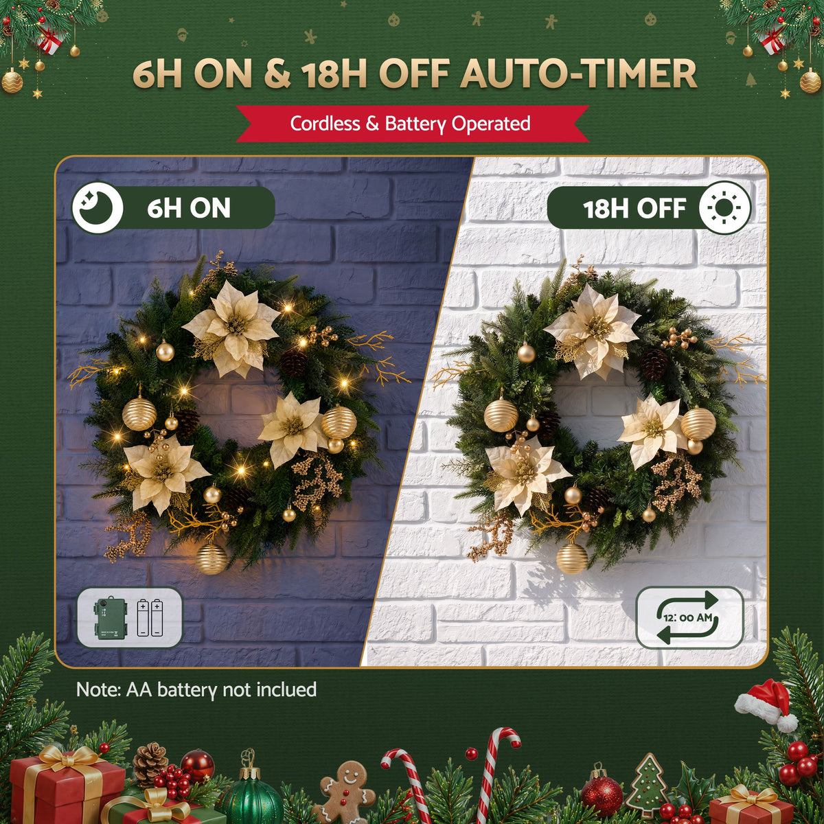 60cm Pre-lit LED Gold Poinsettia Christmas Wreath
