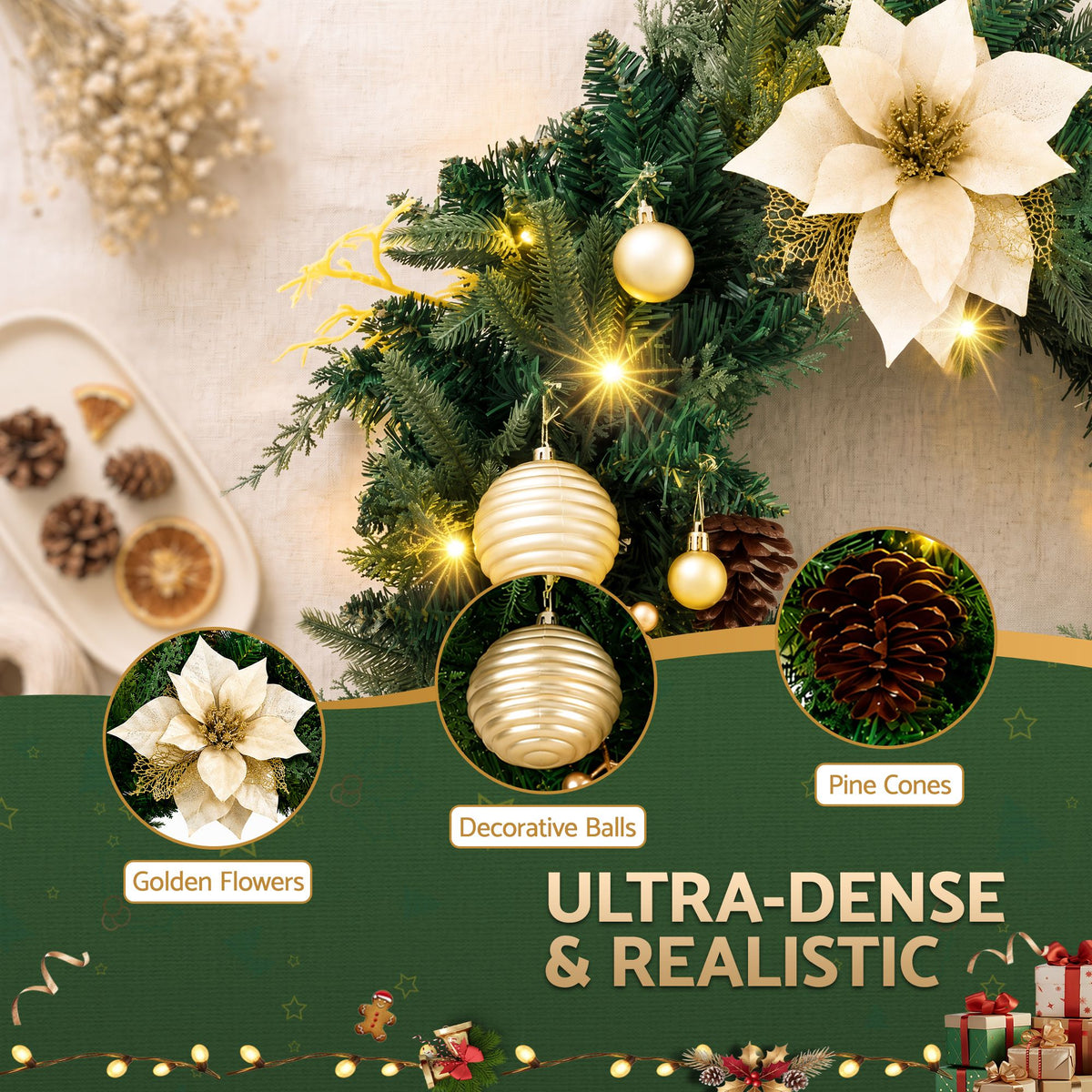 60cm Pre-lit LED Gold Poinsettia Christmas Wreath