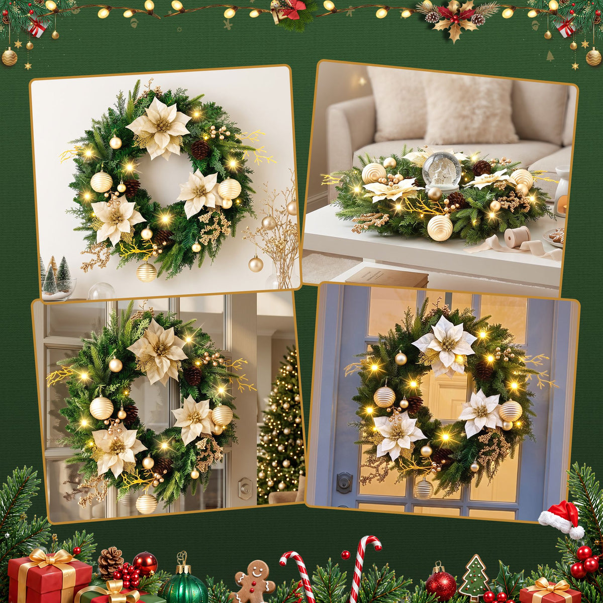60cm Pre-lit LED Gold Poinsettia Christmas Wreath
