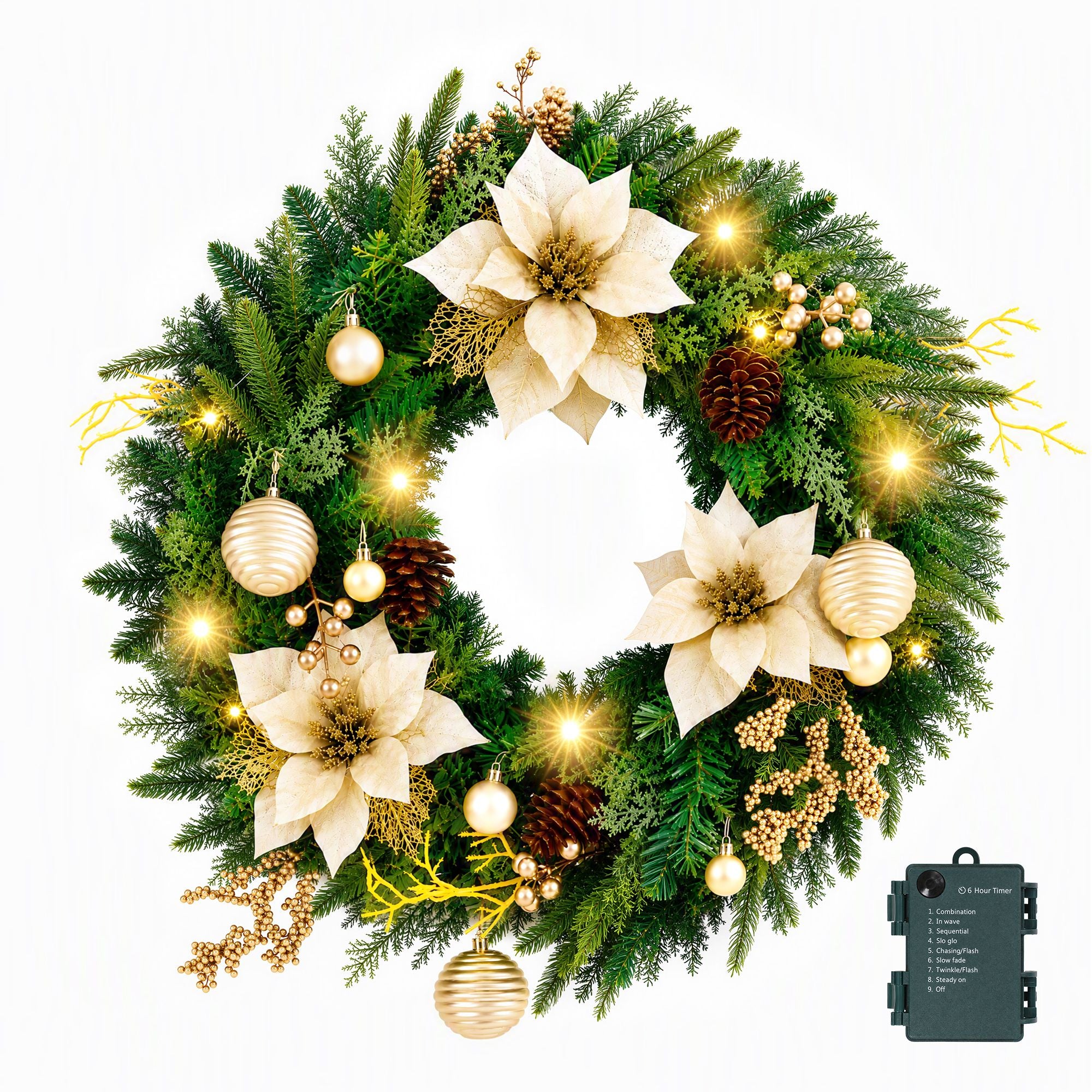 60cm Pre-lit LED Gold Poinsettia Christmas Wreath