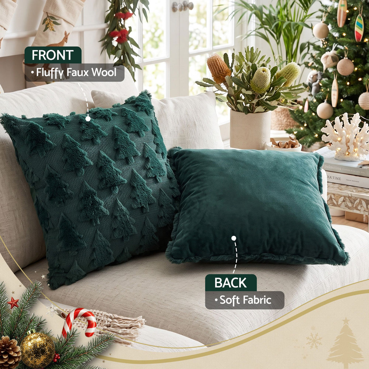 2PC Faux Fur Christmas Tree Cushion Covers 45x45cm - Green