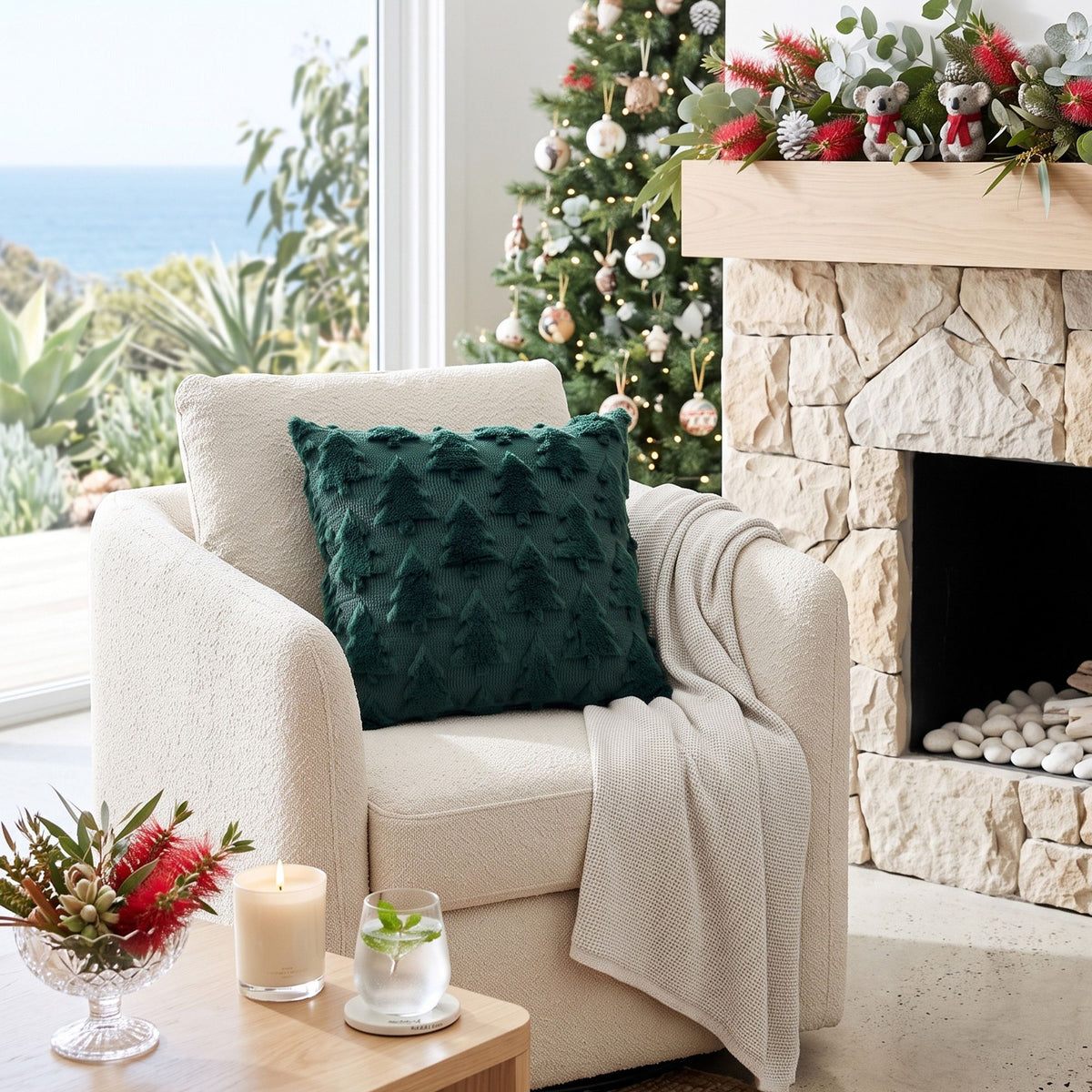 2PC Faux Fur Christmas Tree Cushion Covers 45x45cm - Green