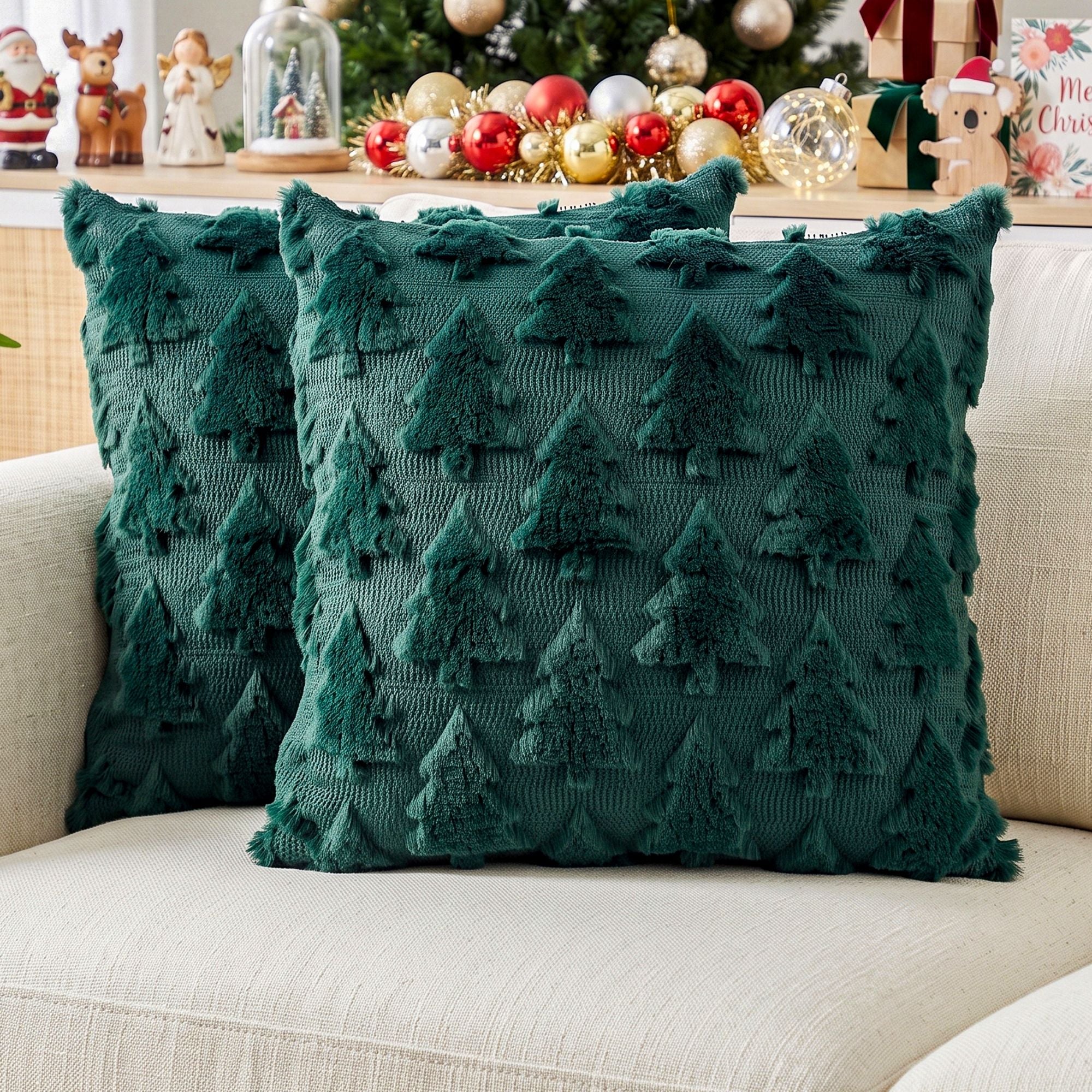 2PC Faux Fur Christmas Tree Cushion Covers 45x45cm - Green