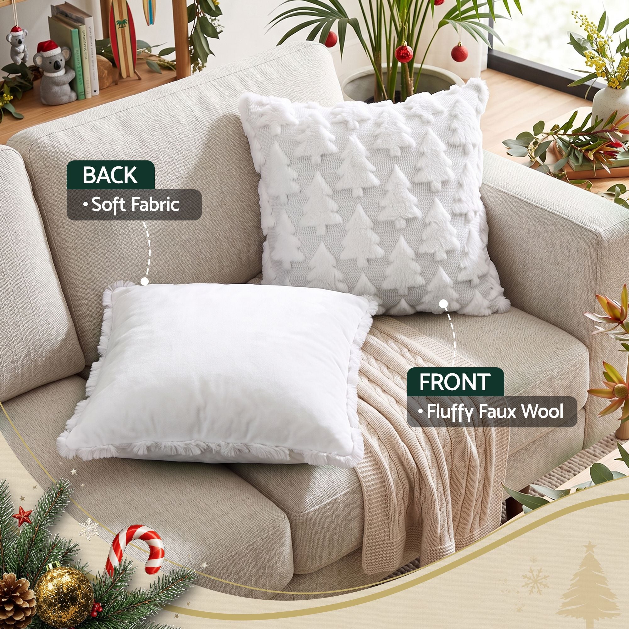 2PC Faux Fur Christmas Tree Cushion Covers 45x45cm - White
