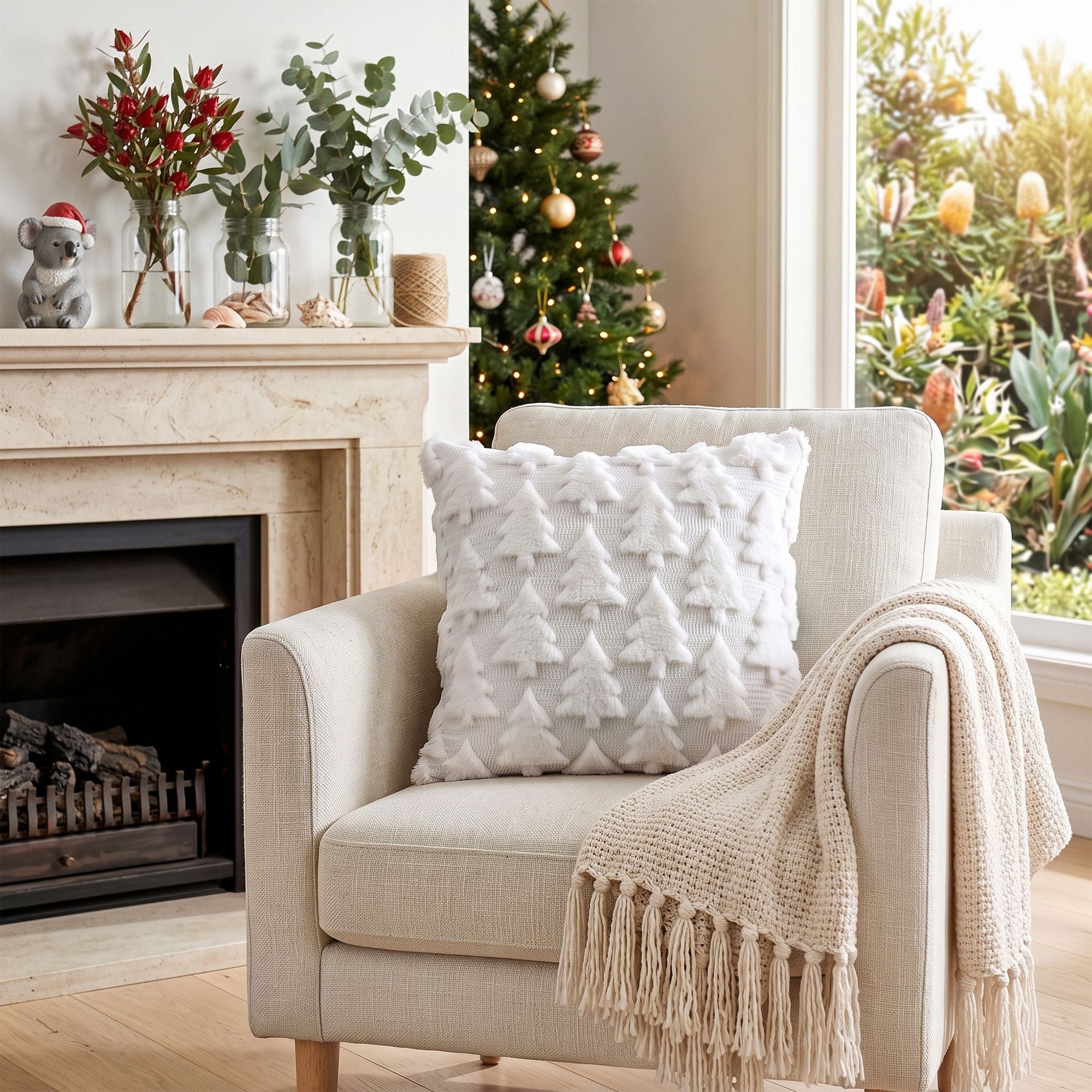 2PC Faux Fur Christmas Tree Cushion Covers 45x45cm - White