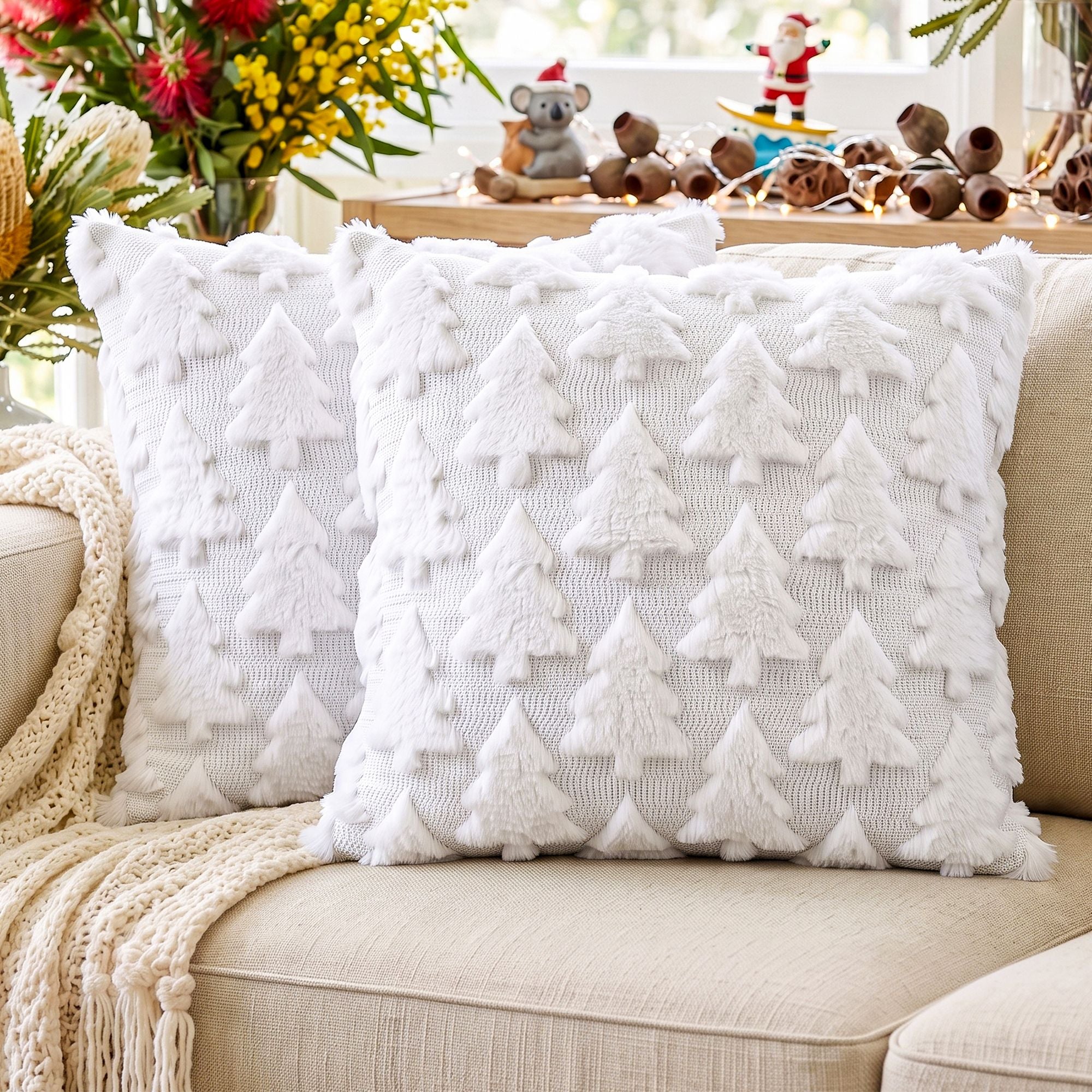 2PC Faux Fur Christmas Tree Cushion Covers 45x45cm - White