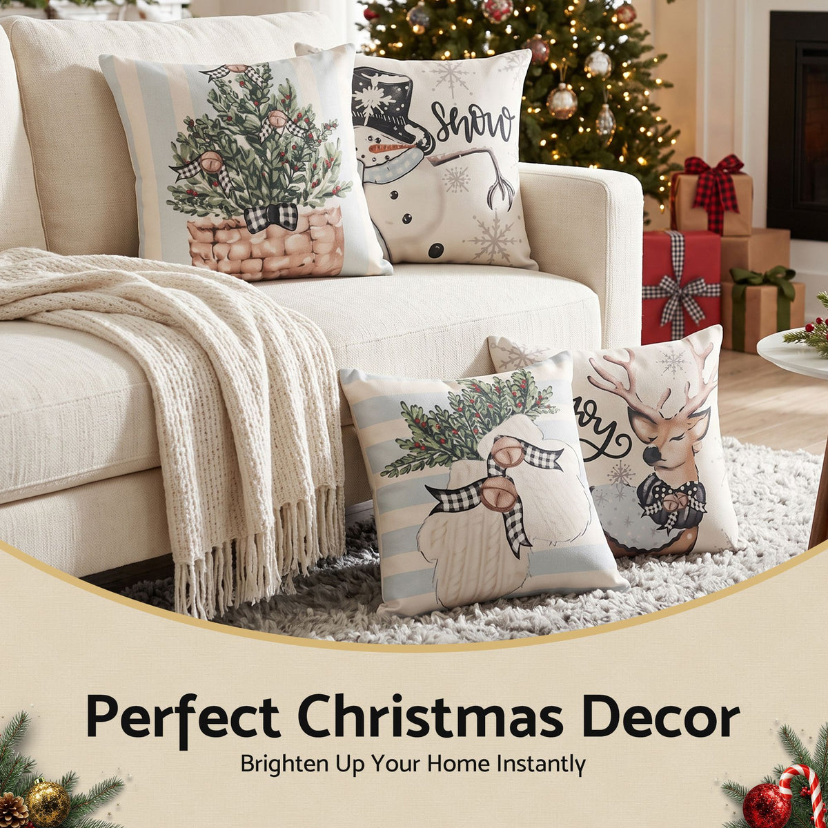 4PC Christmas Cushion Covers 45x45cm - Blue & White