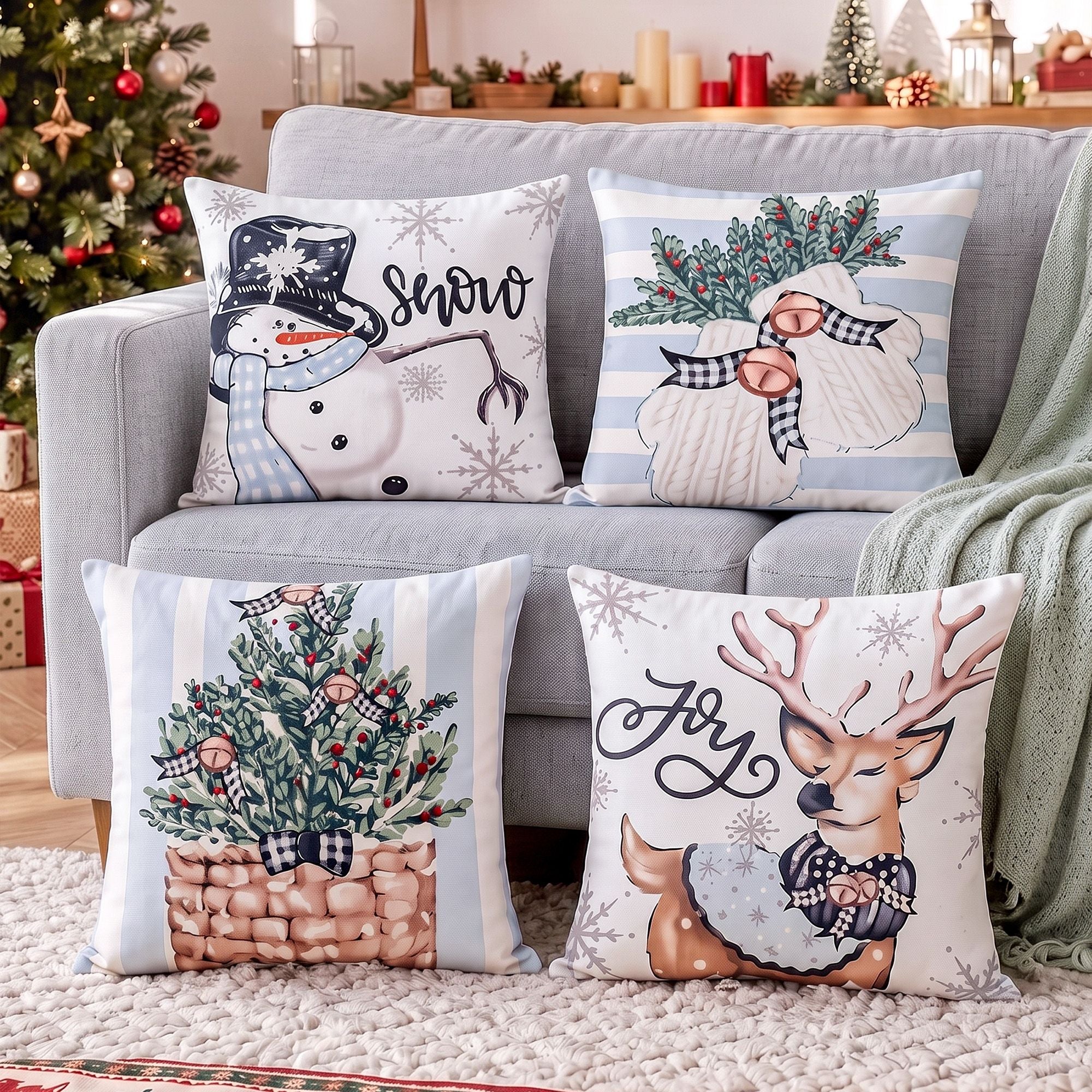 4PC Christmas Cushion Covers 45x45cm - Blue & White