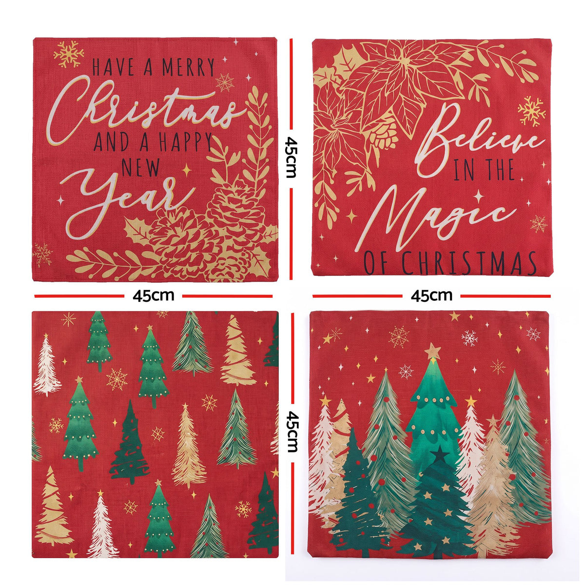 4PC Christmas Cushion Covers 45x45cm - Red