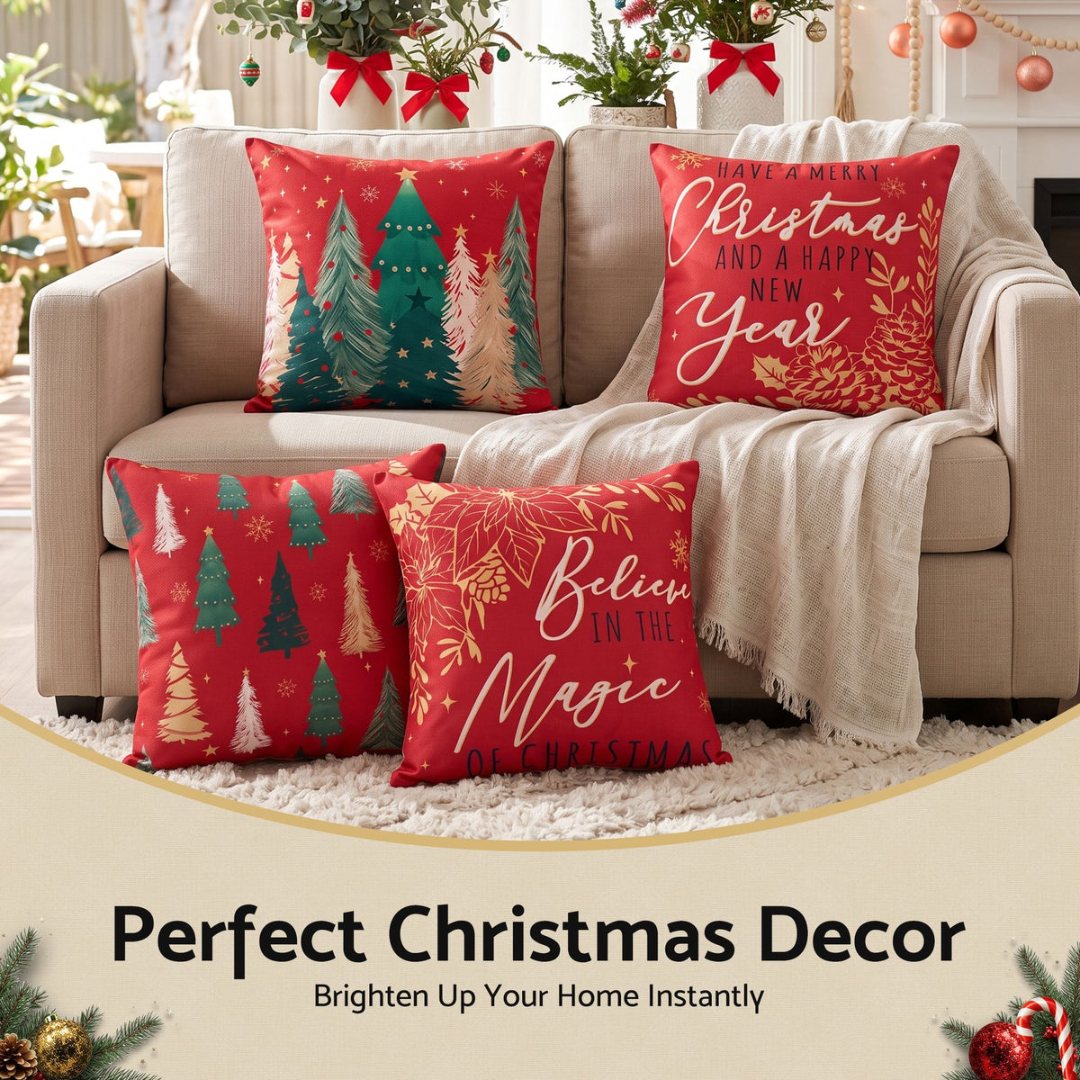 4PC Christmas Cushion Covers 45x45cm - Red