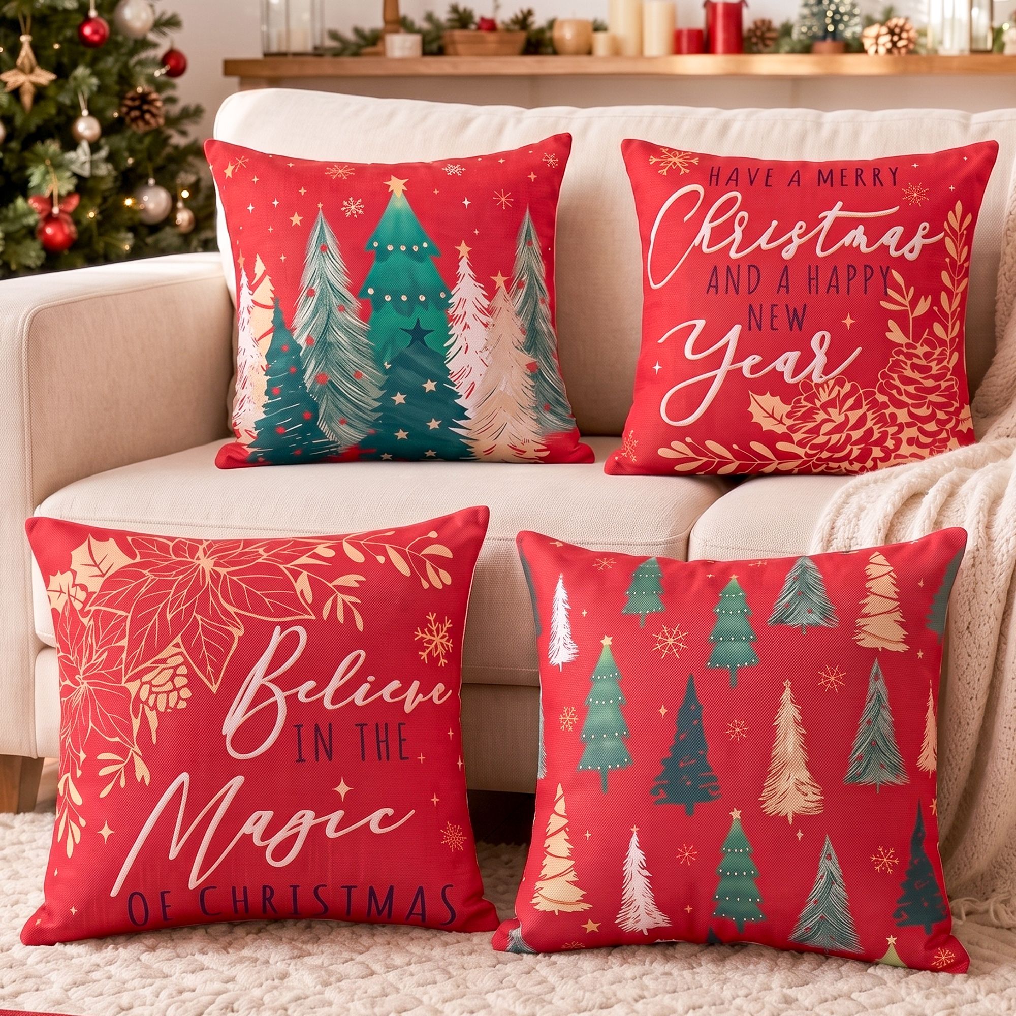 4PC Christmas Cushion Covers 45x45cm - Red