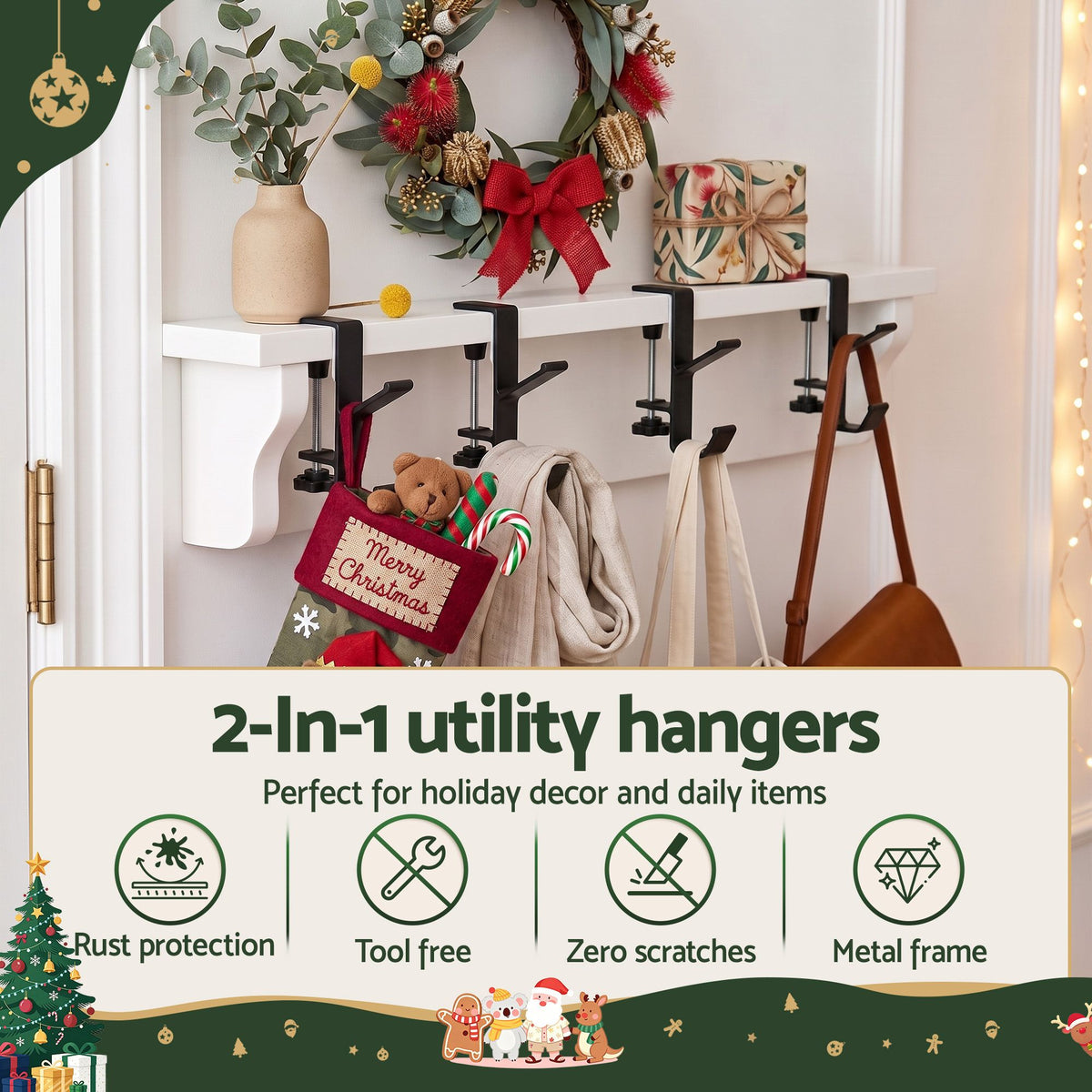 4PC Christmas Garland & Stocking Hanger Set - Black