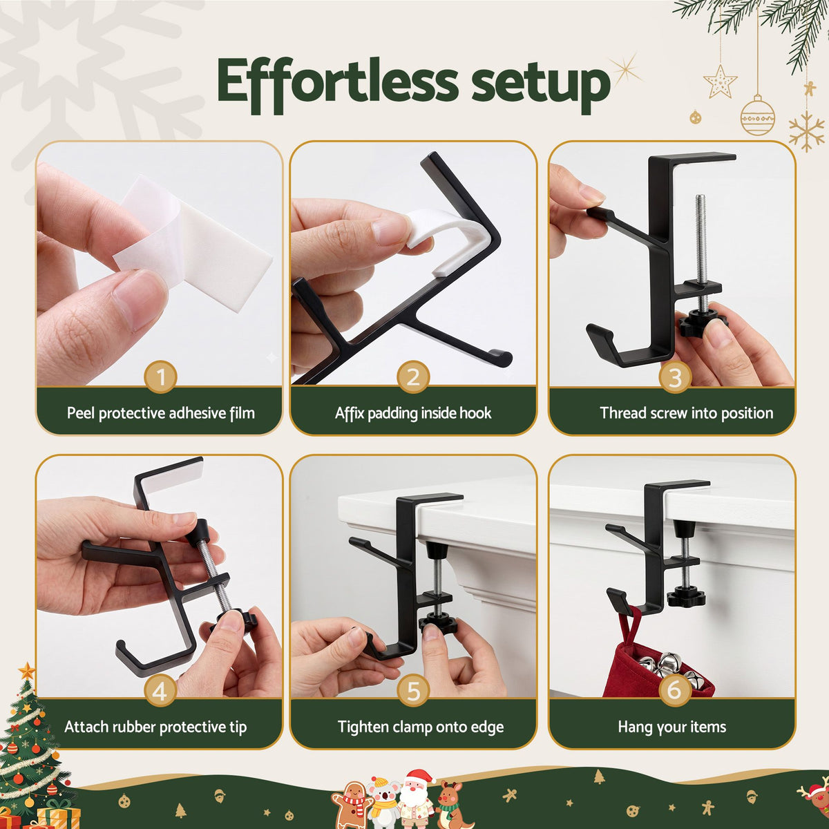 4PC Christmas Garland & Stocking Hanger Set - Black