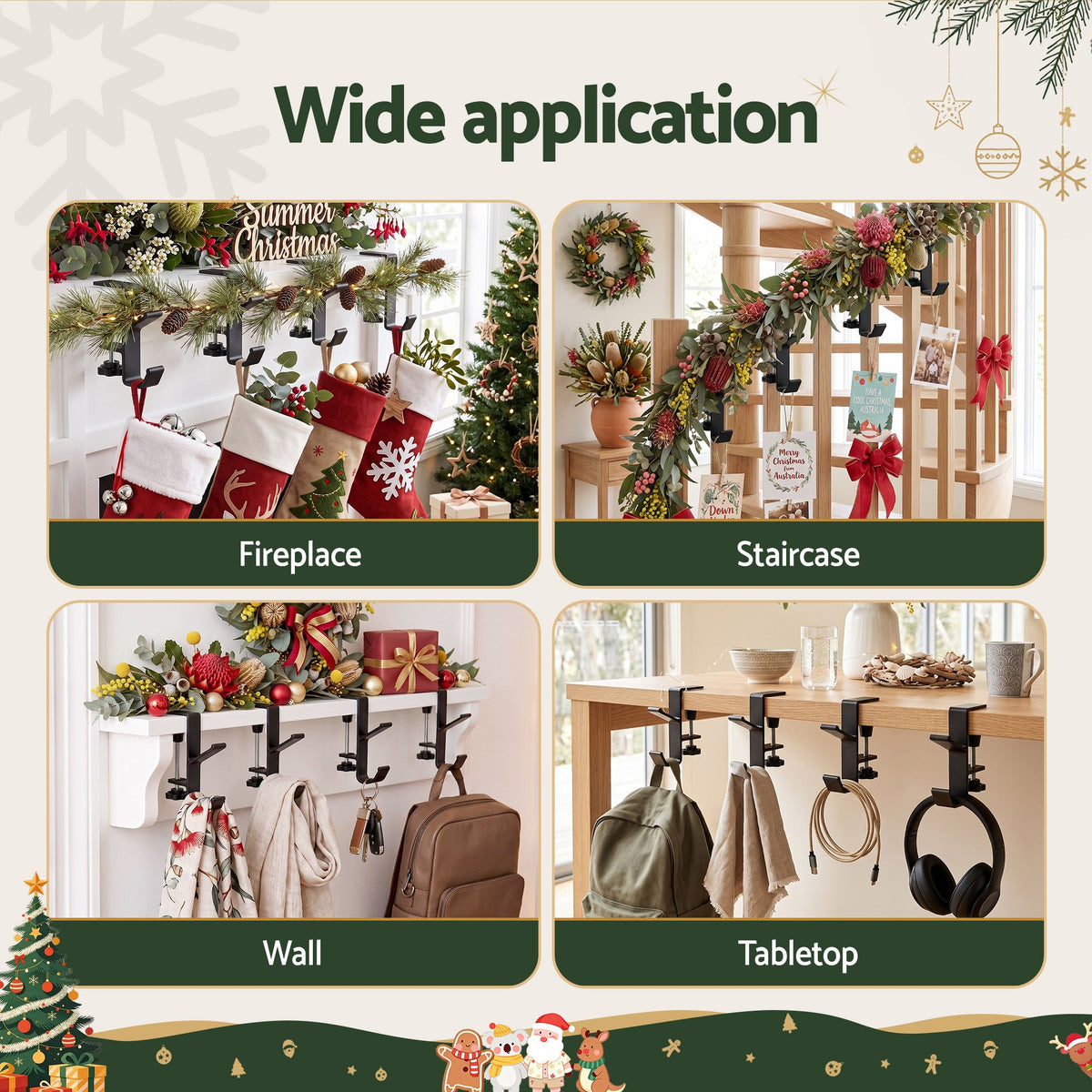 4PC Christmas Garland & Stocking Hanger Set - Black