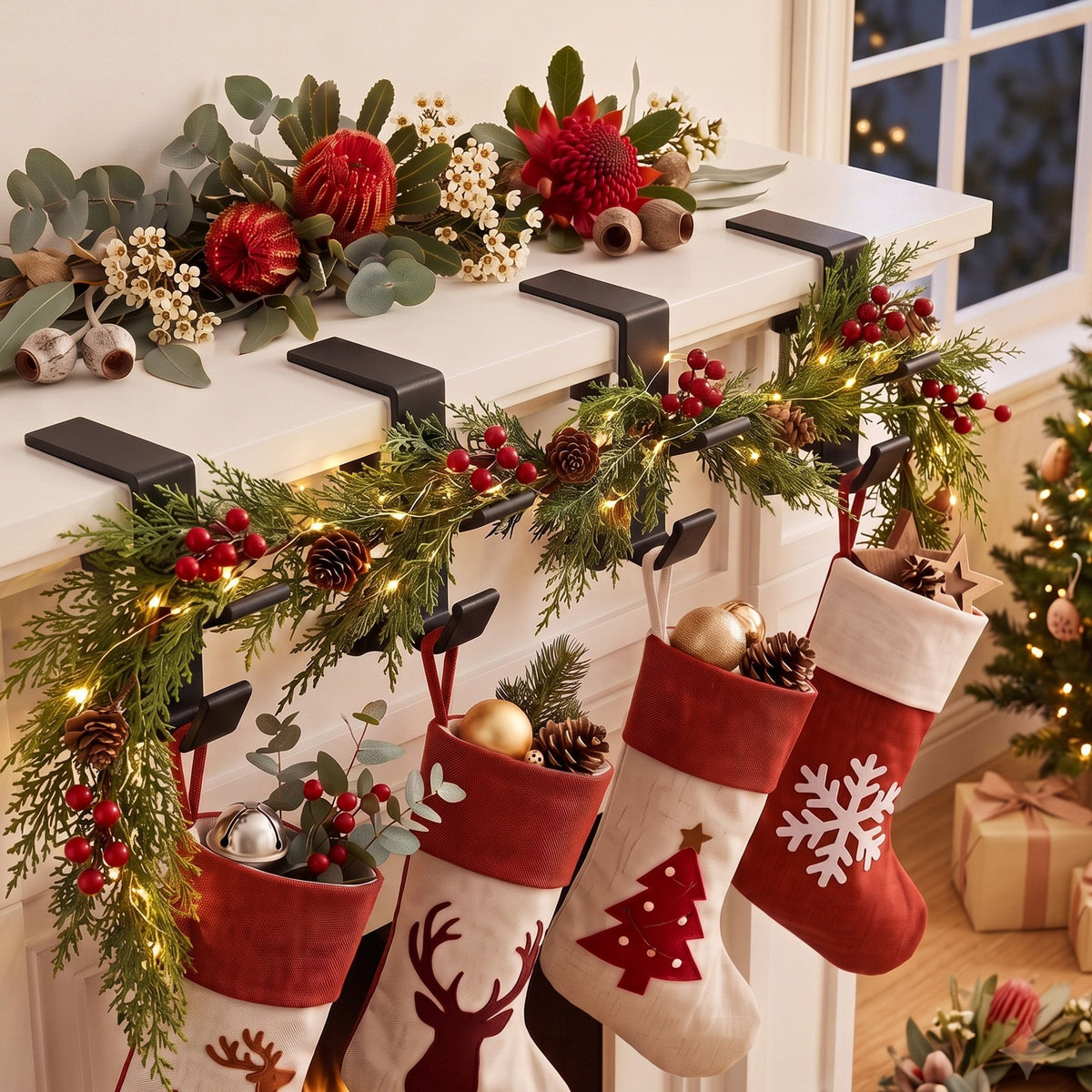 4PC Christmas Garland & Stocking Hanger Set - Black