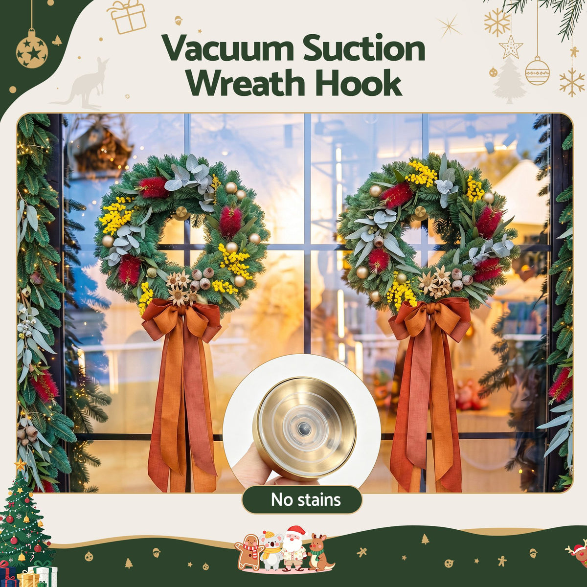 2PC Christmas Wreath Suction Hooks - Gold