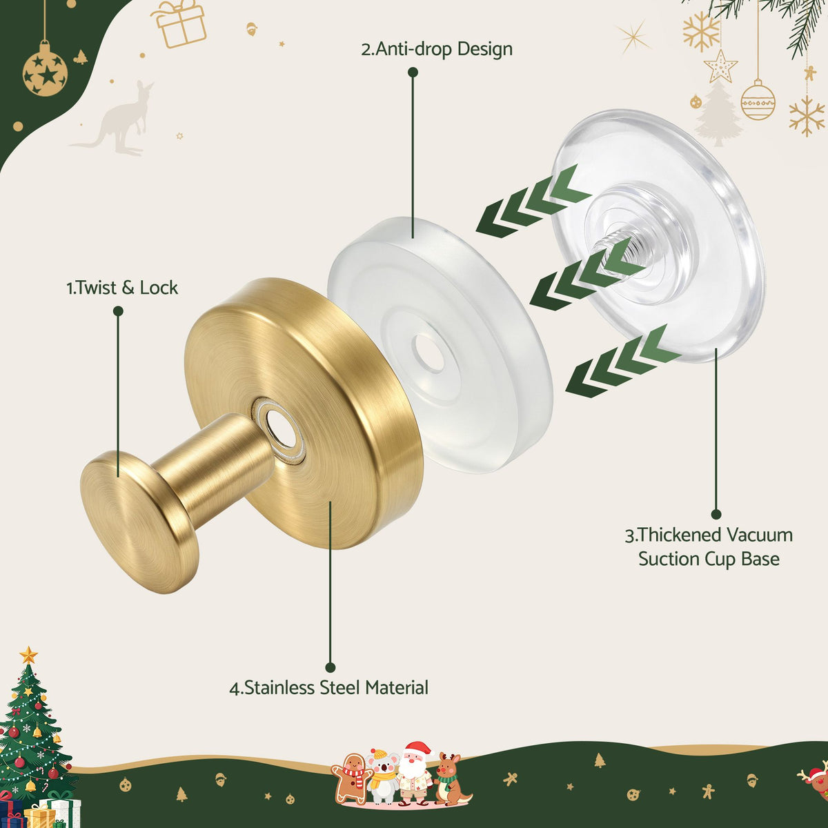2PC Christmas Wreath Suction Hooks - Gold
