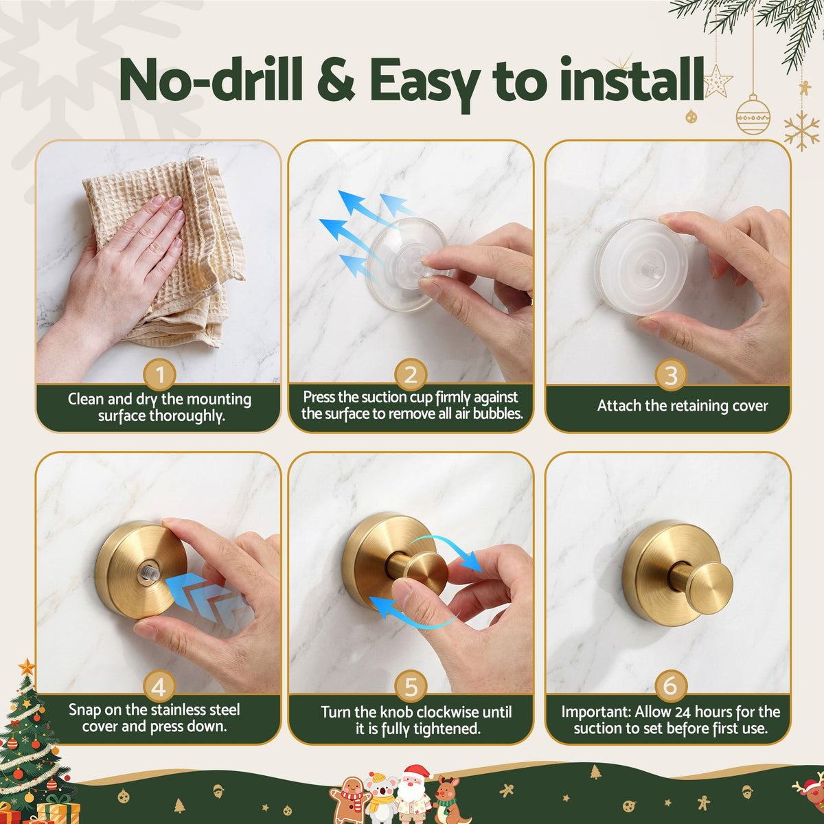 2PC Christmas Wreath Suction Hooks - Gold