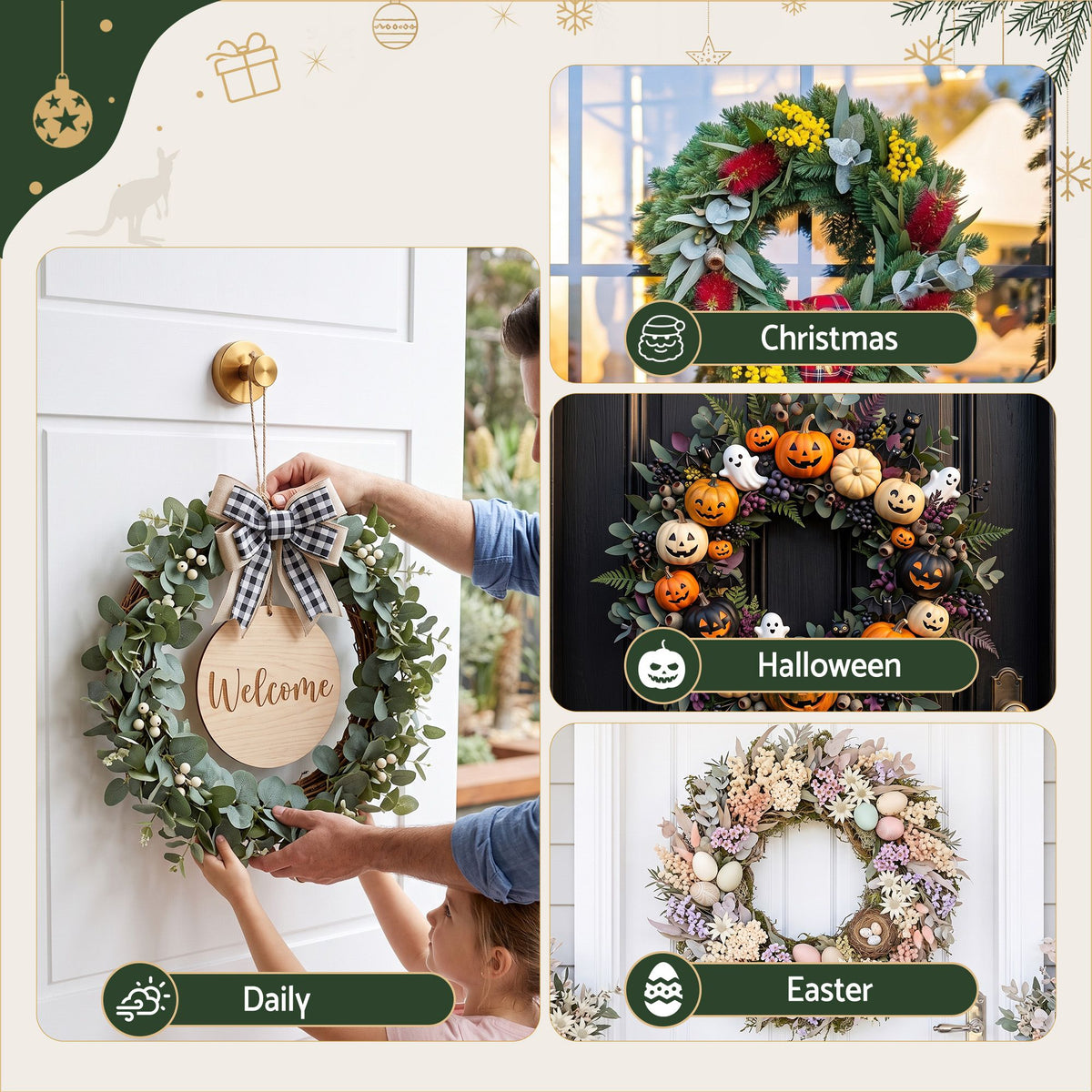 2PC Christmas Wreath Suction Hooks - Gold