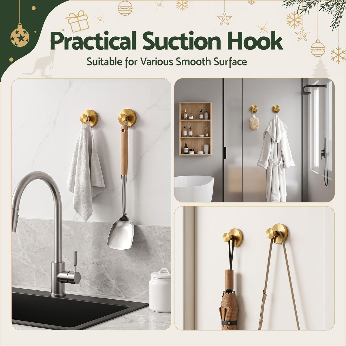 2PC Christmas Wreath Suction Hooks - Gold