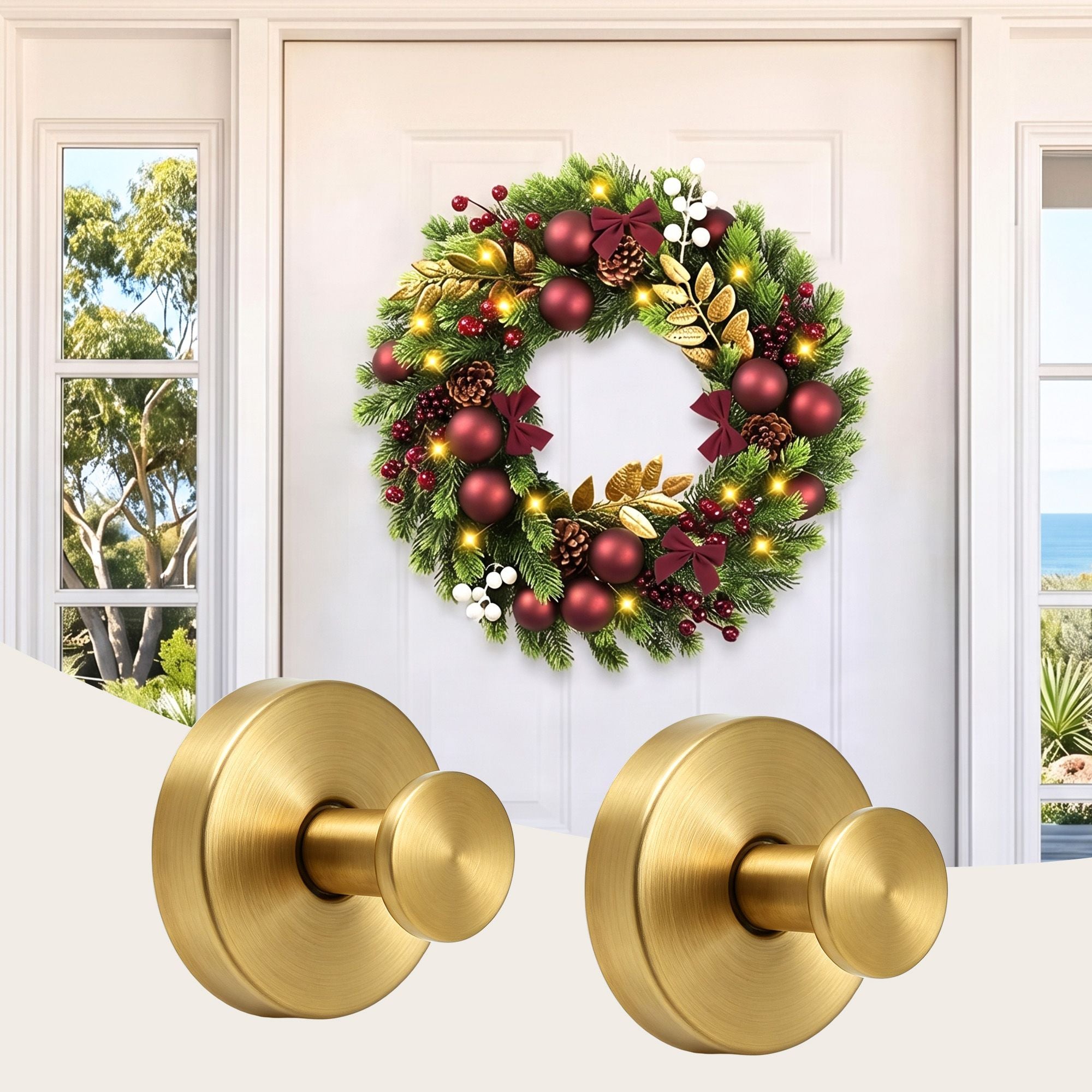 2PC Christmas Wreath Suction Hooks - Gold