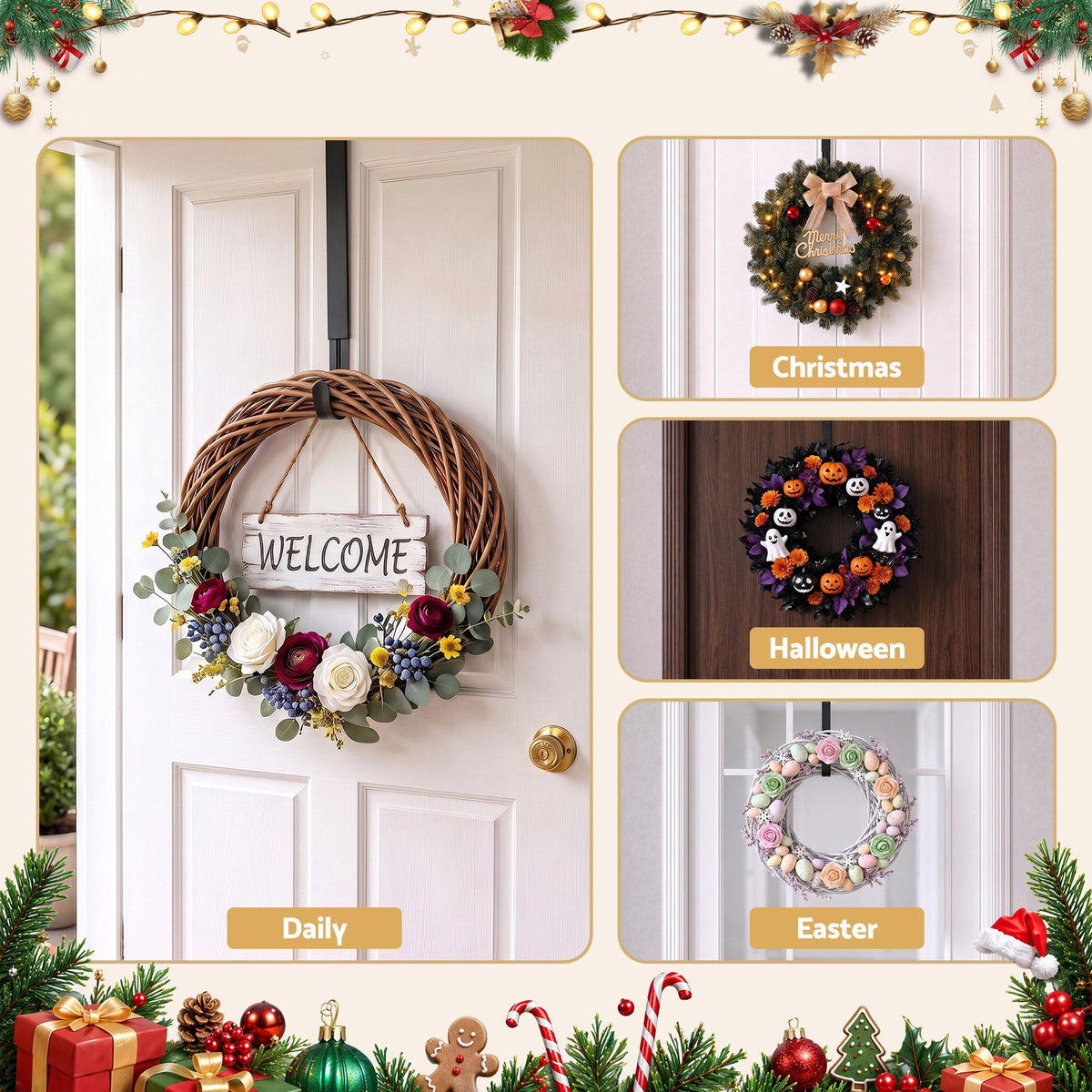 Adjustable Christmas Wreath Door Hanger - Black
