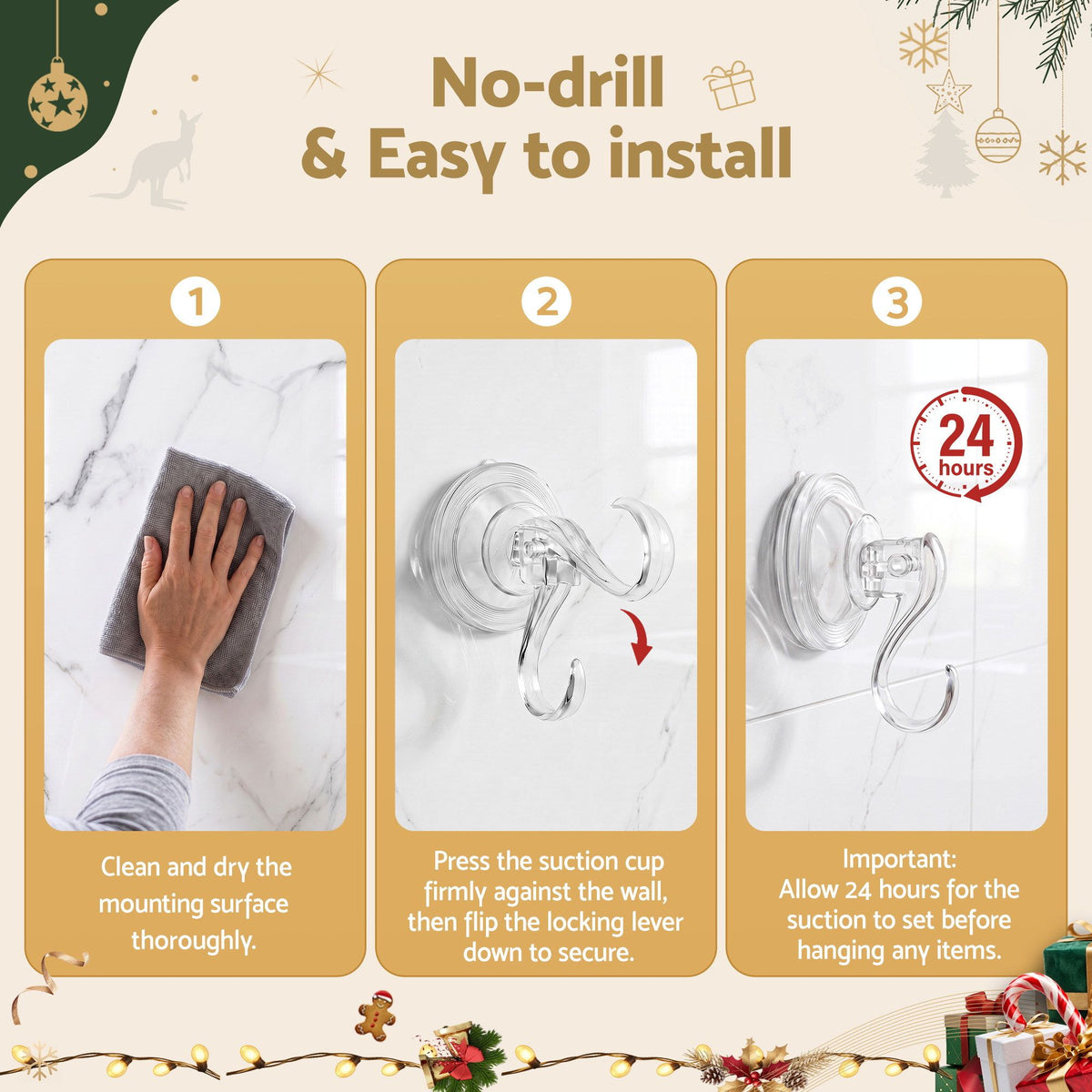2PC Christmas Wreath Suction Hooks - Clear