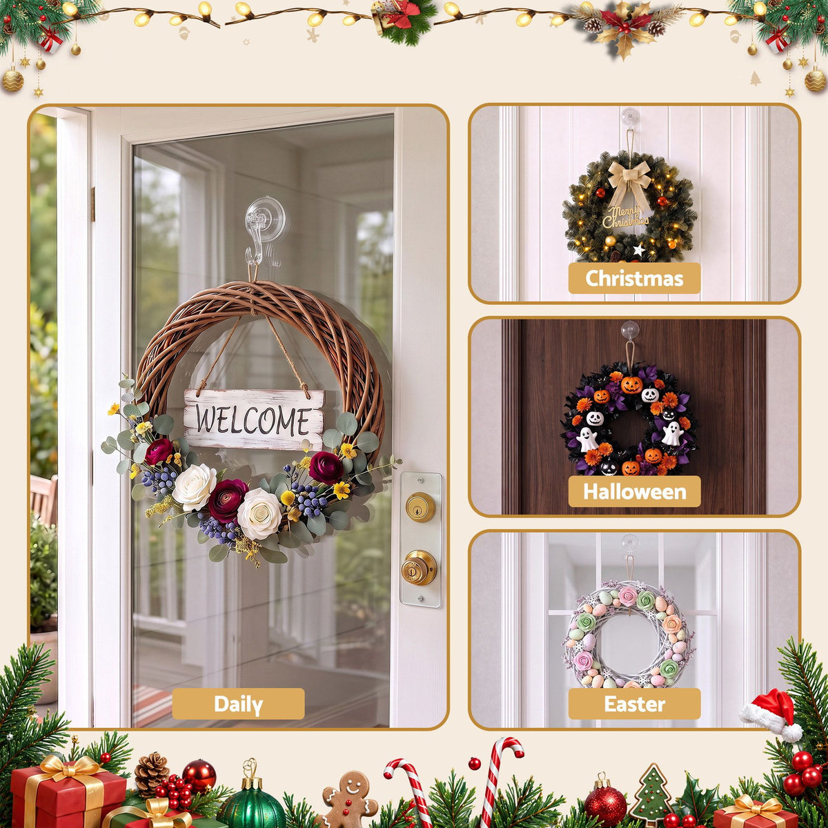 2PC Christmas Wreath Suction Hooks - Clear