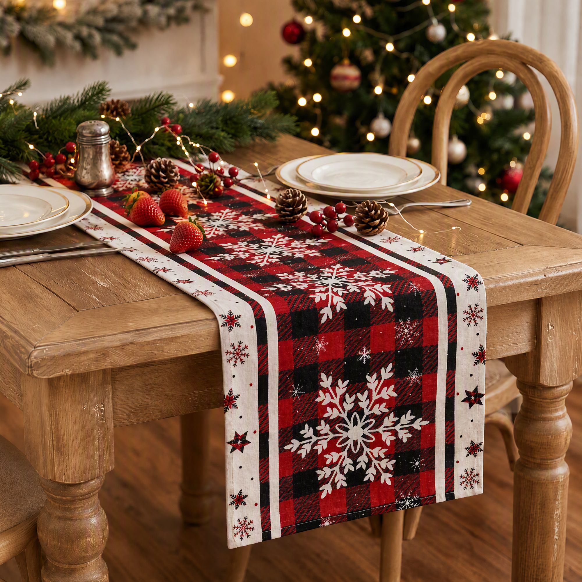 Christmas Table Runner 190x32cm Snowflake Plaid - Red