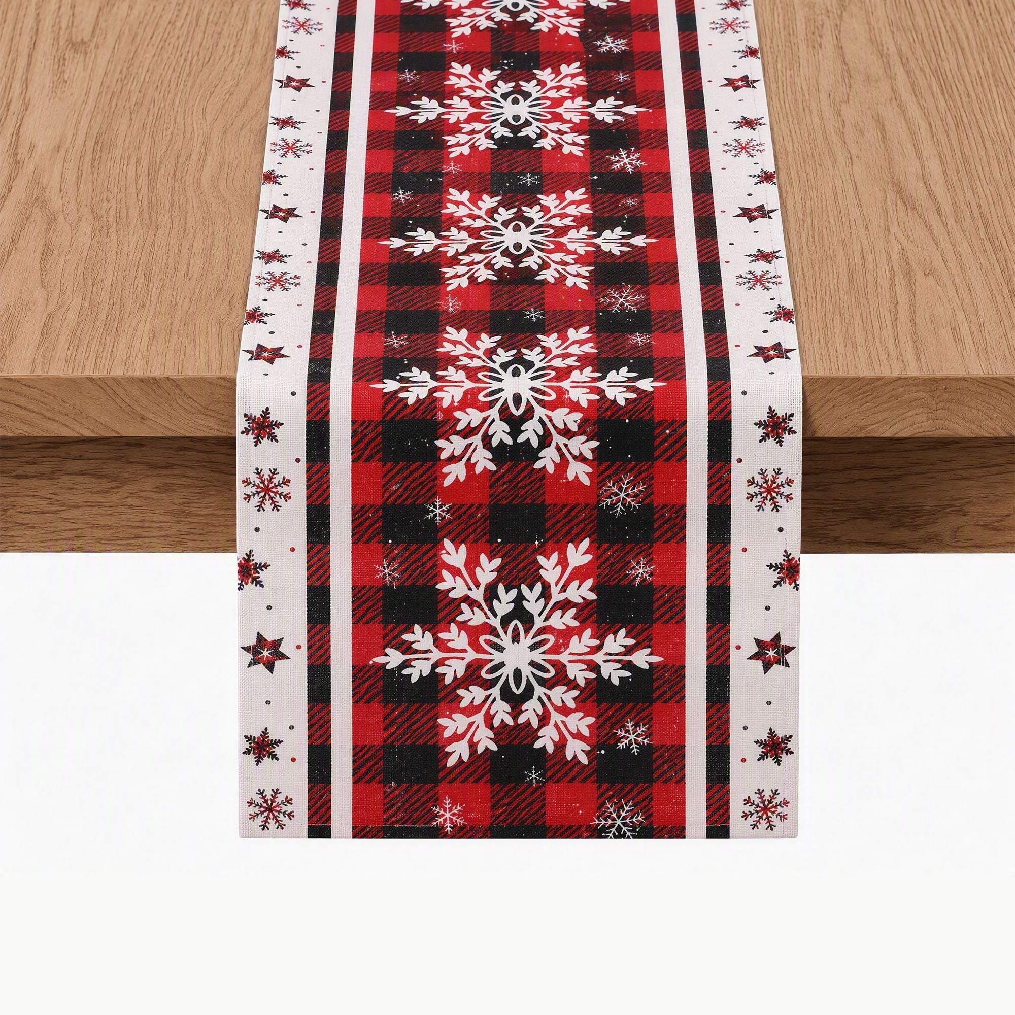 Christmas Table Runner 190x32cm Snowflake Plaid - Red