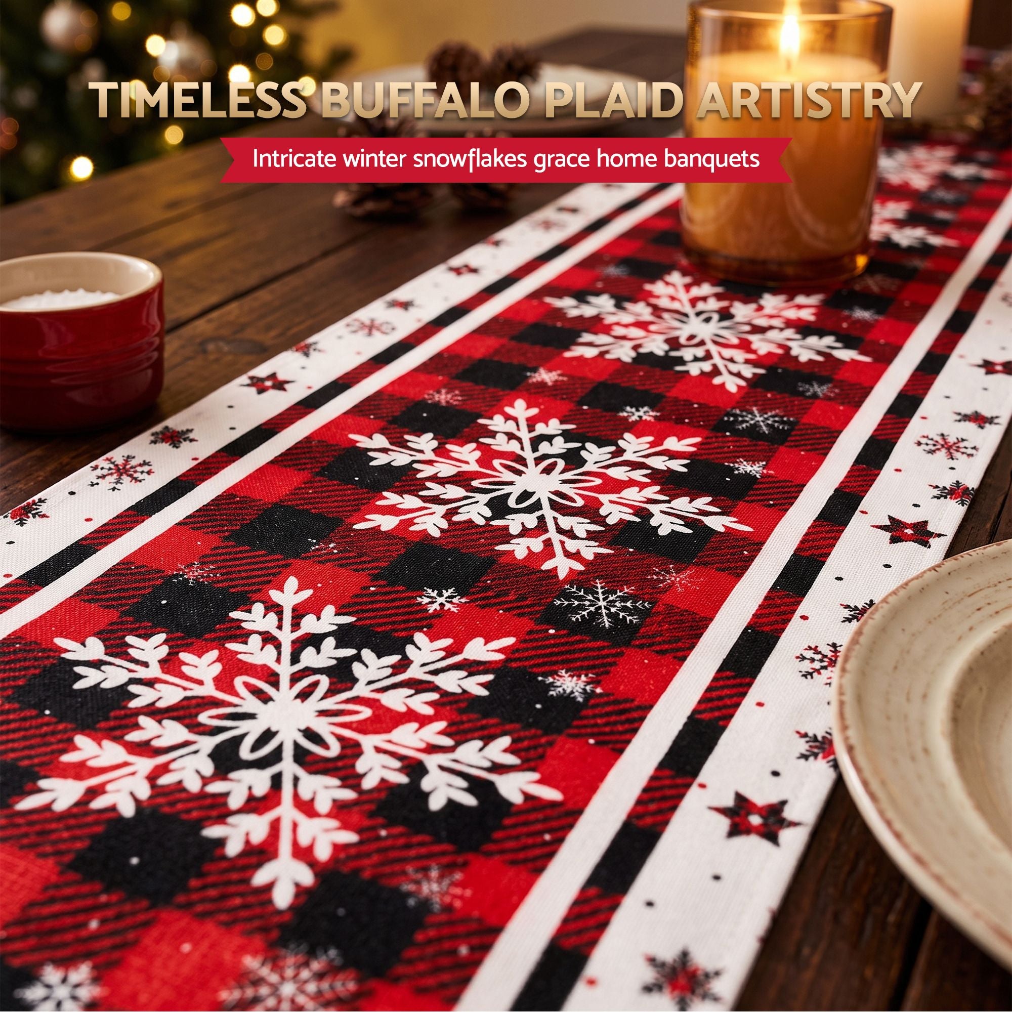 Christmas Table Runner 190x32cm Snowflake Plaid - Red