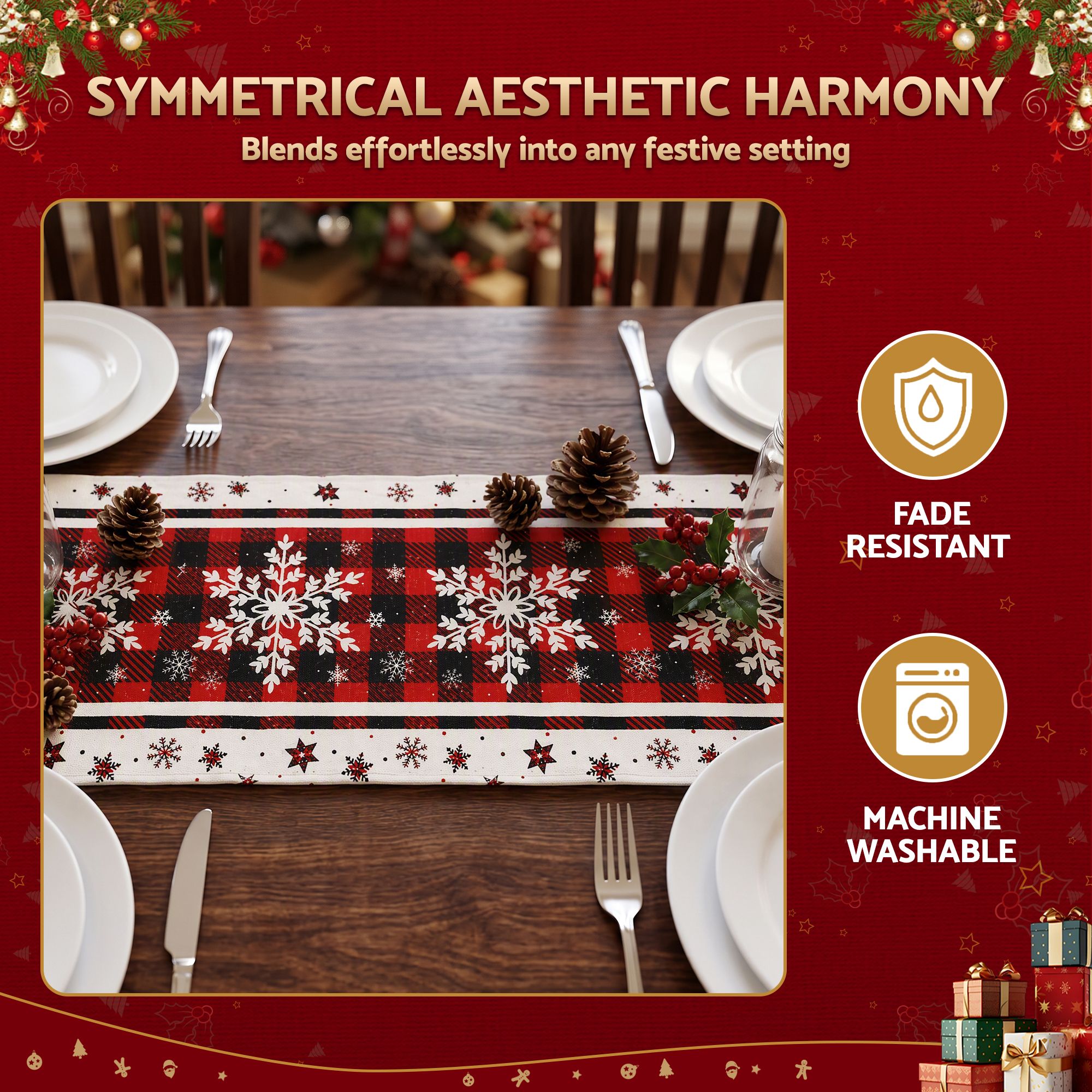 Christmas Table Runner 190x32cm Snowflake Plaid - Red