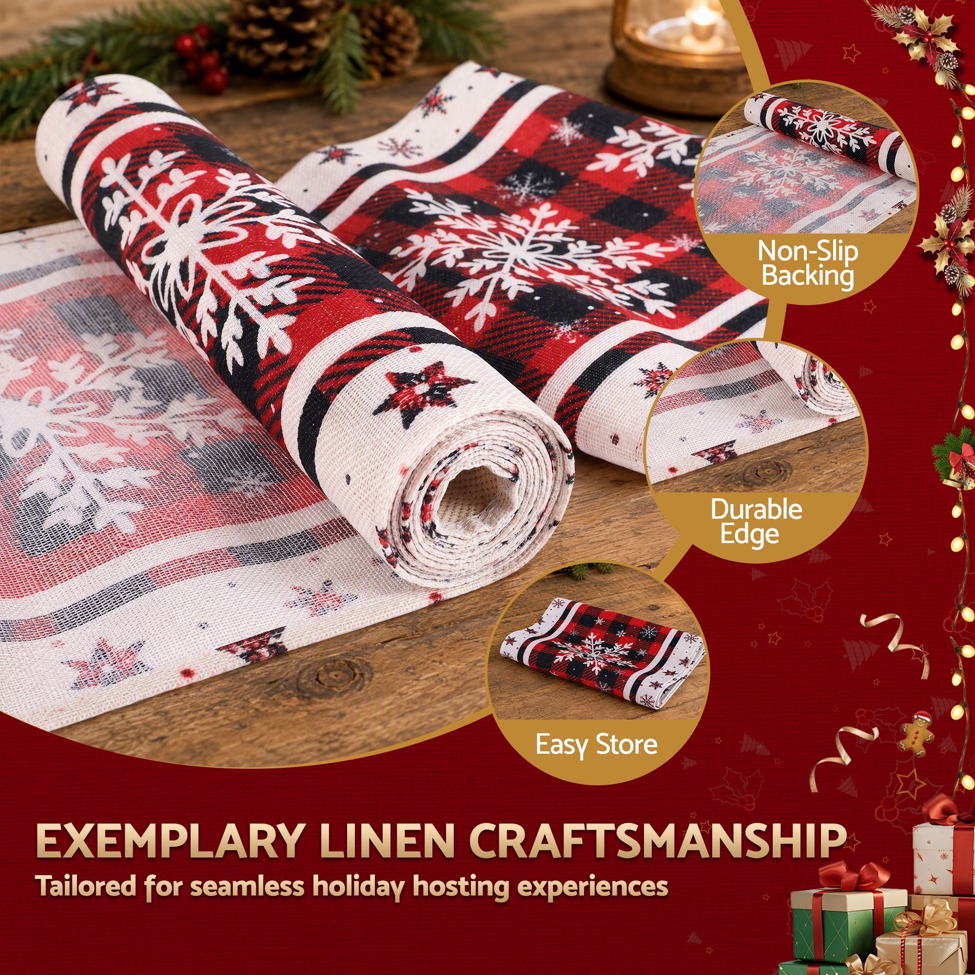 Christmas Table Runner 190x32cm Snowflake Plaid - Red
